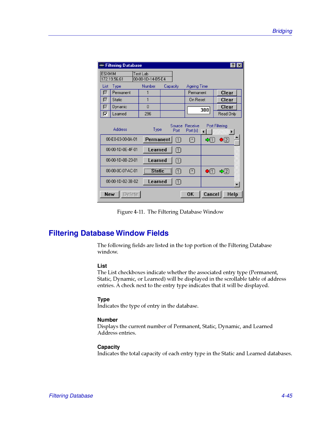 Cabletron Systems CSX200, CSX400 manual Filtering Database Window Fields, List, Number, Capacity 