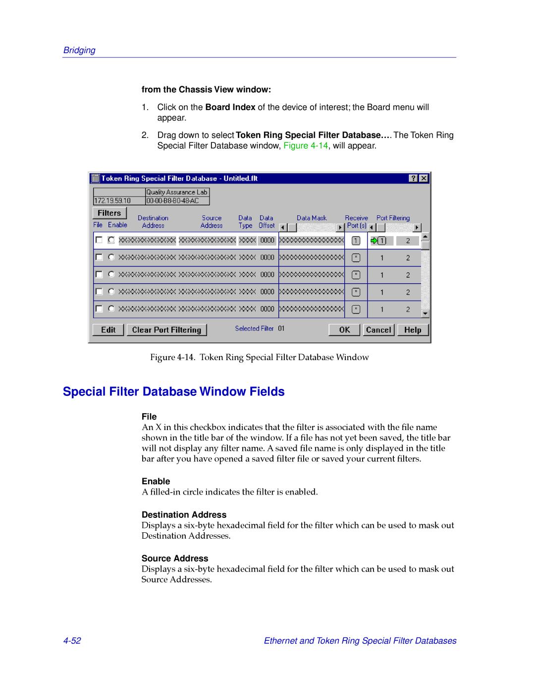 Cabletron Systems CSX400, CSX200 Special Filter Database Window Fields, File, Enable, Destination Address, Source Address 