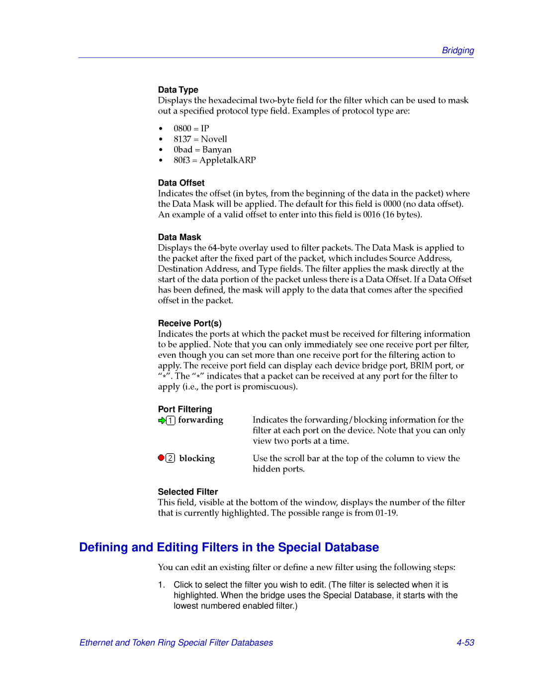 Cabletron Systems CSX200, CSX400 manual Deﬁning and Editing Filters in the Special Database 