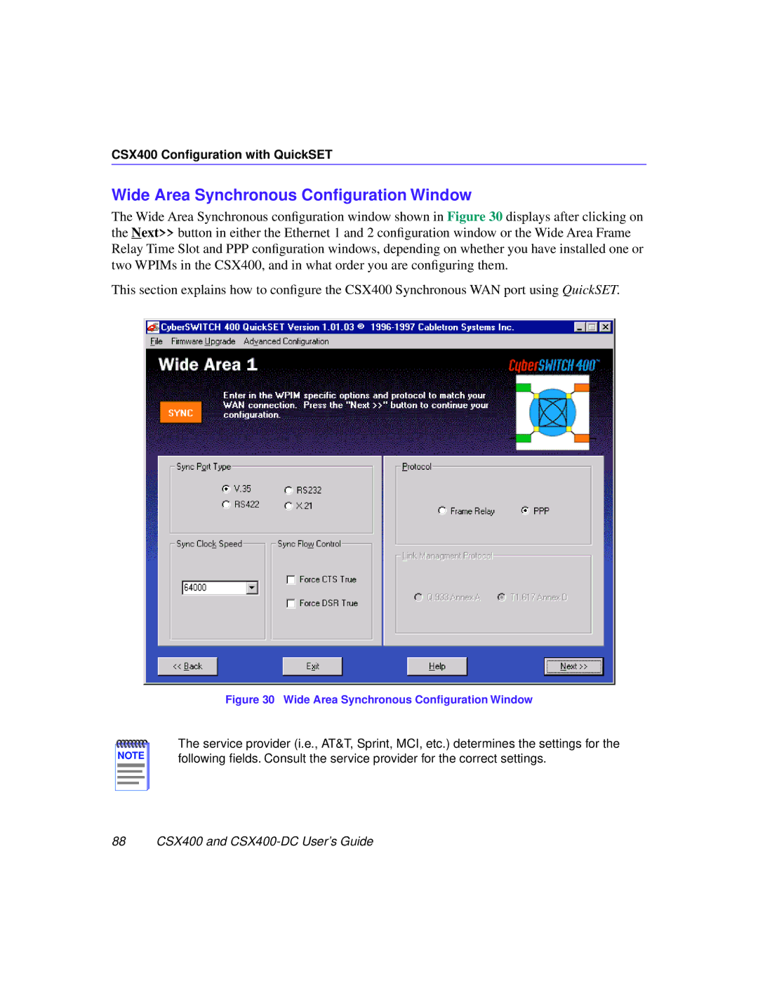 Cabletron Systems CSX400-DC manual Wide Area Synchronous Conﬁguration Window 