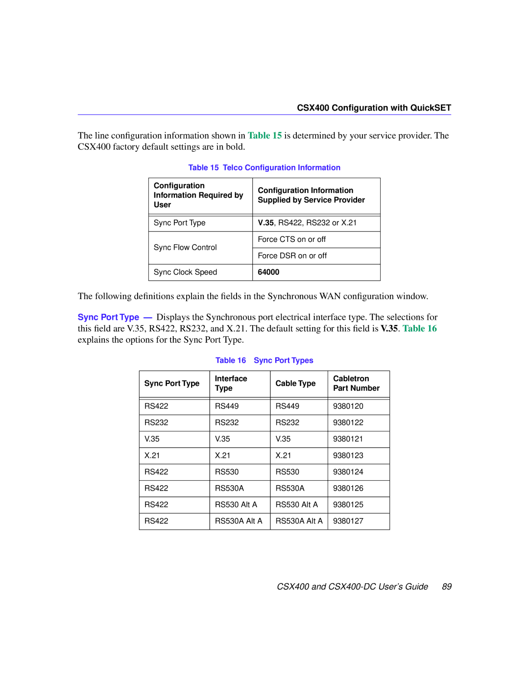 Cabletron Systems CSX400-DC manual Sync Port Types, Sync Port Type Interface Cable Type Cabletron Part Number 