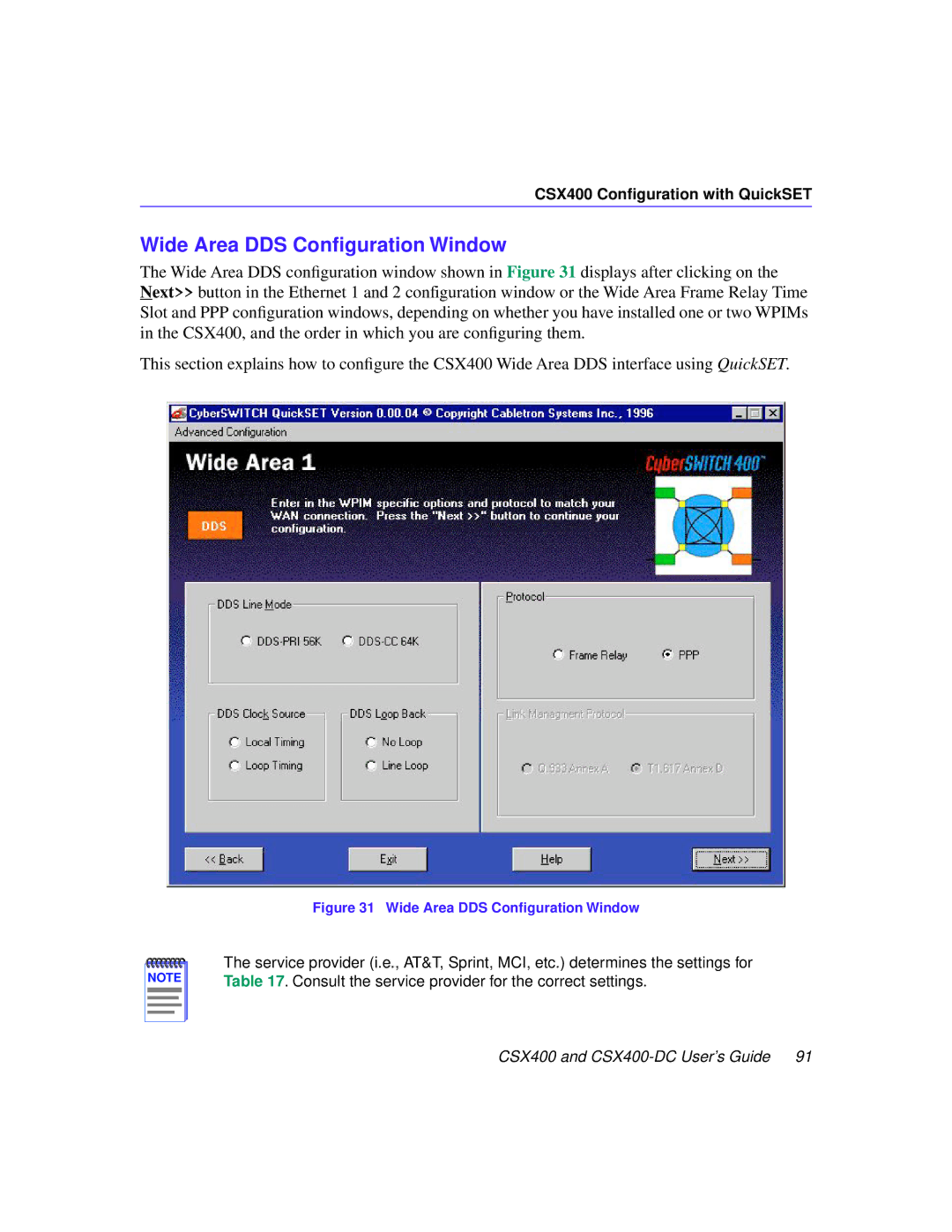 Cabletron Systems CSX400-DC manual Wide Area DDS Conﬁguration Window 