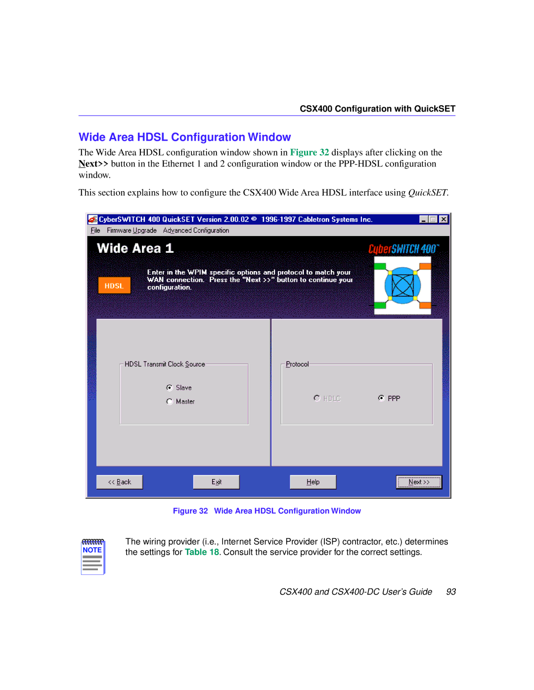 Cabletron Systems CSX400-DC manual Wide Area Hdsl Conﬁguration Window 