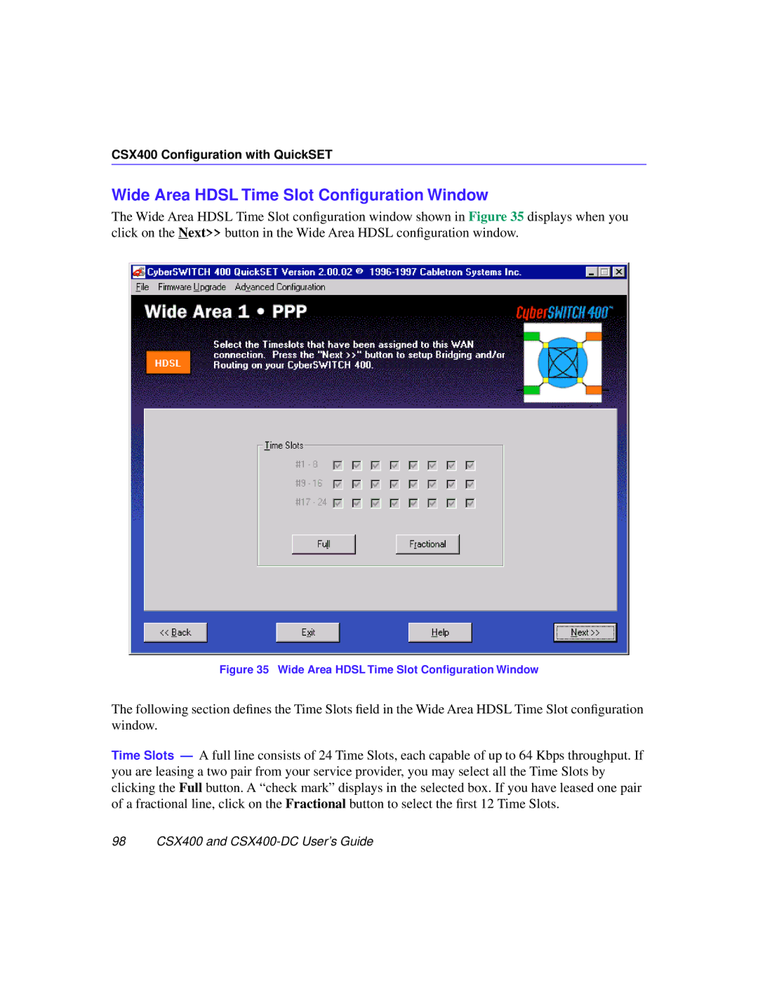 Cabletron Systems CSX400-DC manual Wide Area Hdsl Time Slot Conﬁguration Window 