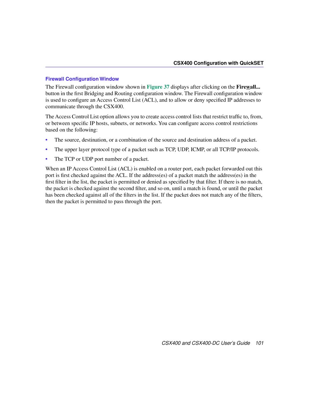 Cabletron Systems CSX400-DC manual Firewall Conﬁguration Window 