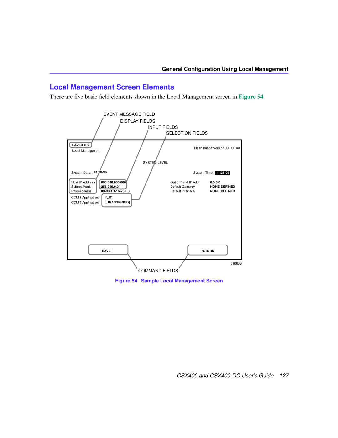 Cabletron Systems CSX400-DC manual Local Management Screen Elements, Sample Local Management Screen 