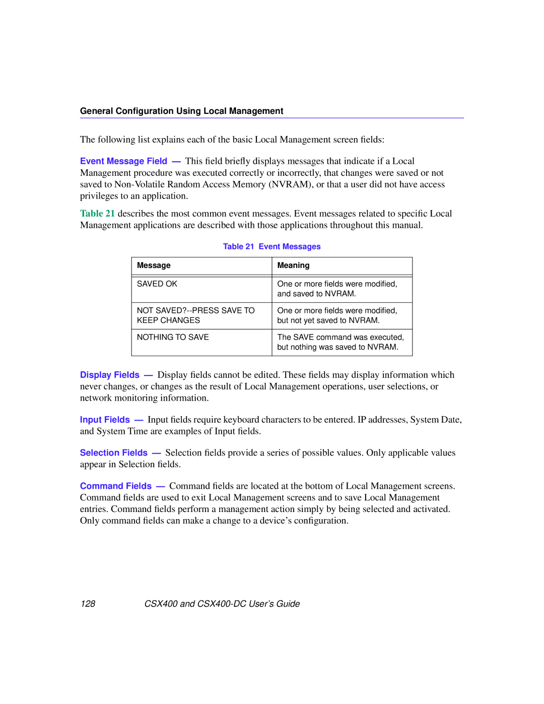 Cabletron Systems CSX400-DC manual Event Messages, Message Meaning 