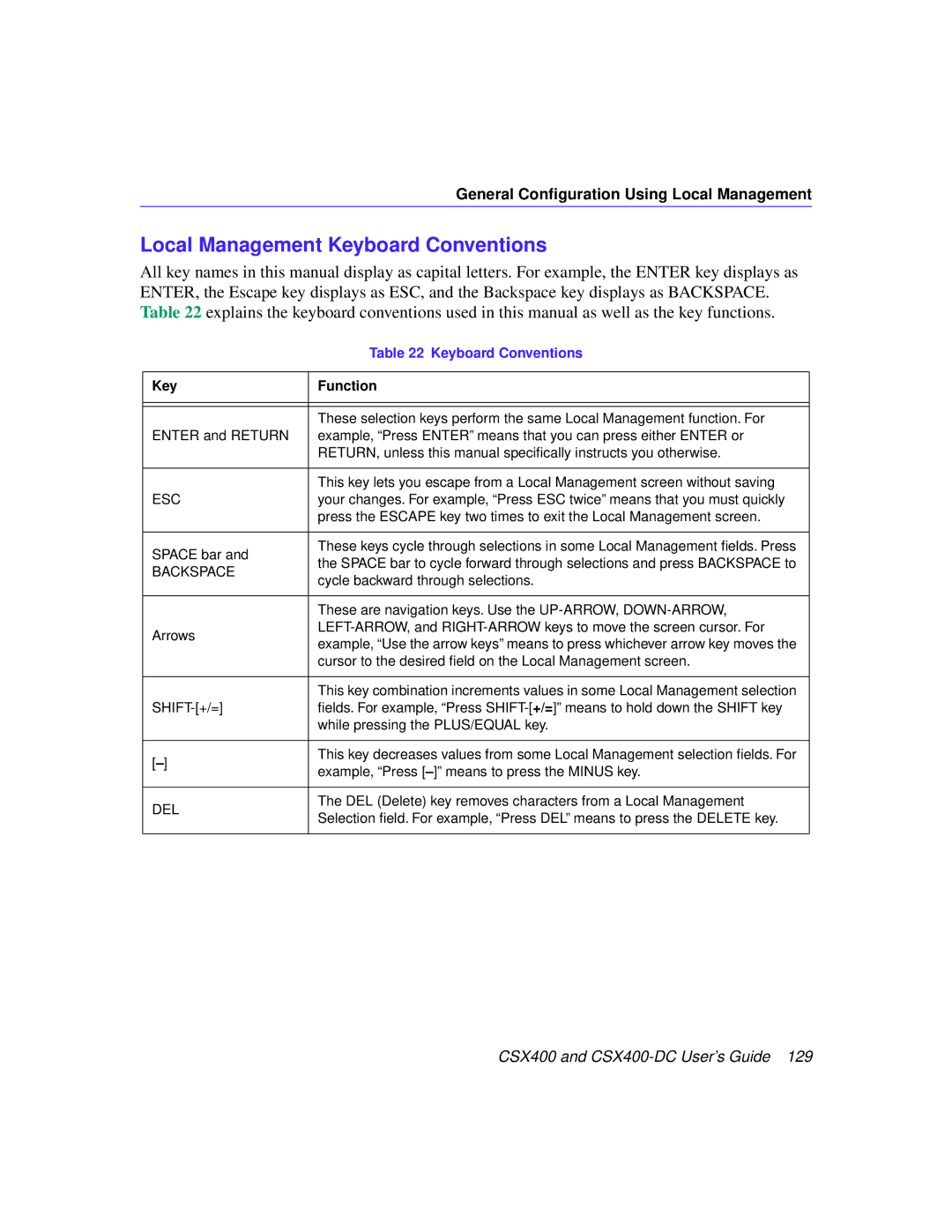 Cabletron Systems CSX400-DC manual Local Management Keyboard Conventions, Key Function 