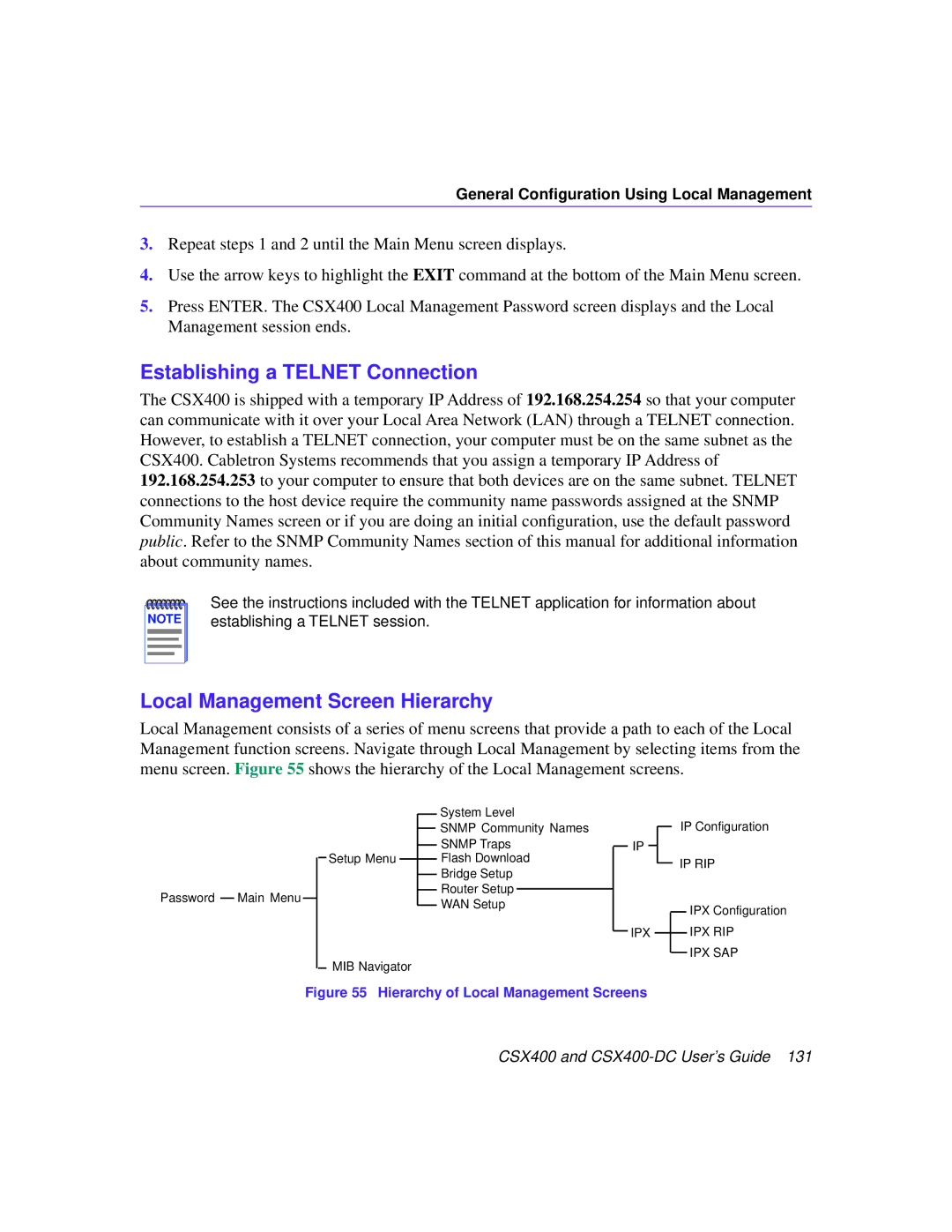 Cabletron Systems CSX400-DC manual Establishing a Telnet Connection, Local Management Screen Hierarchy 