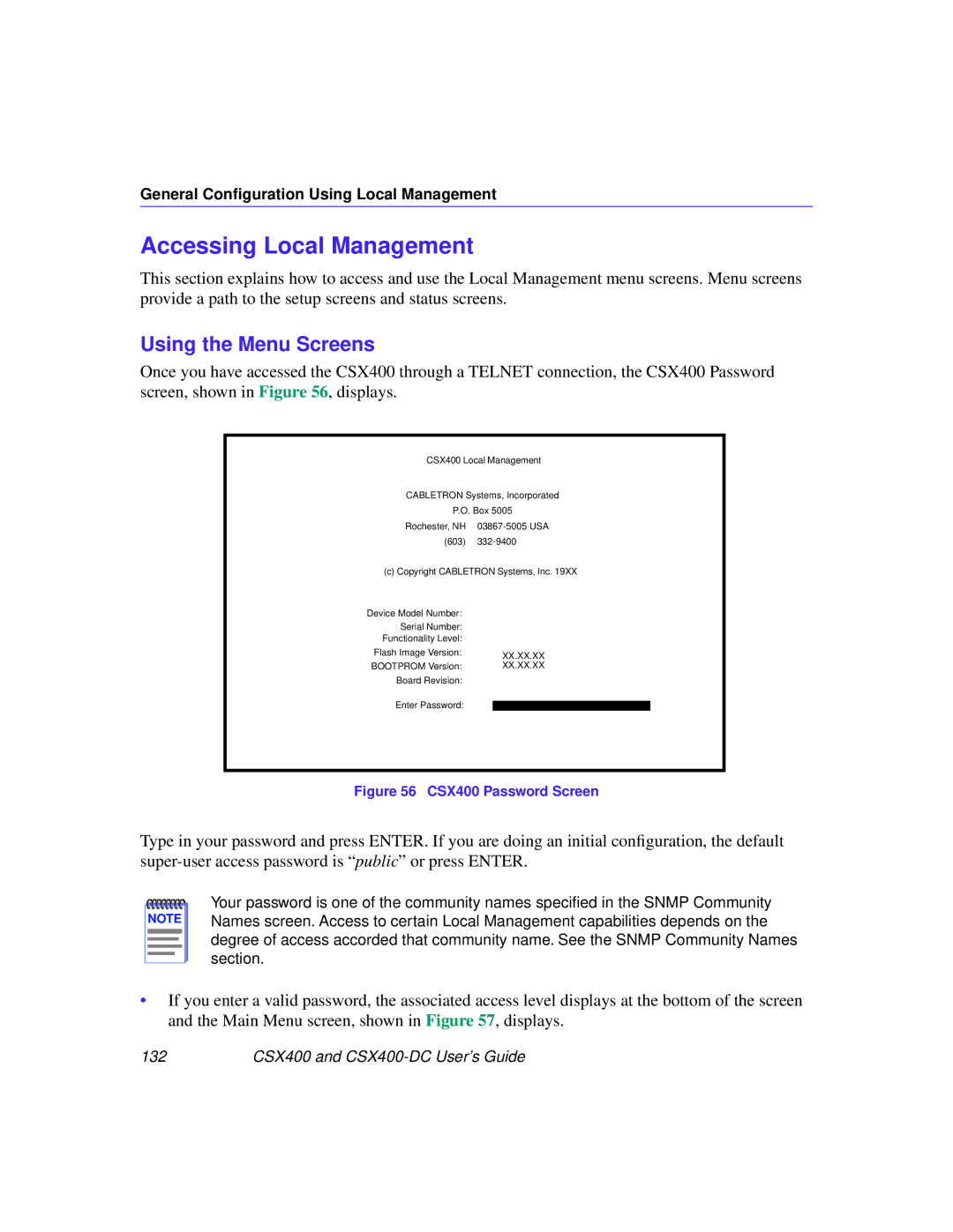 Cabletron Systems CSX400-DC manual Accessing Local Management, Using the Menu Screens 