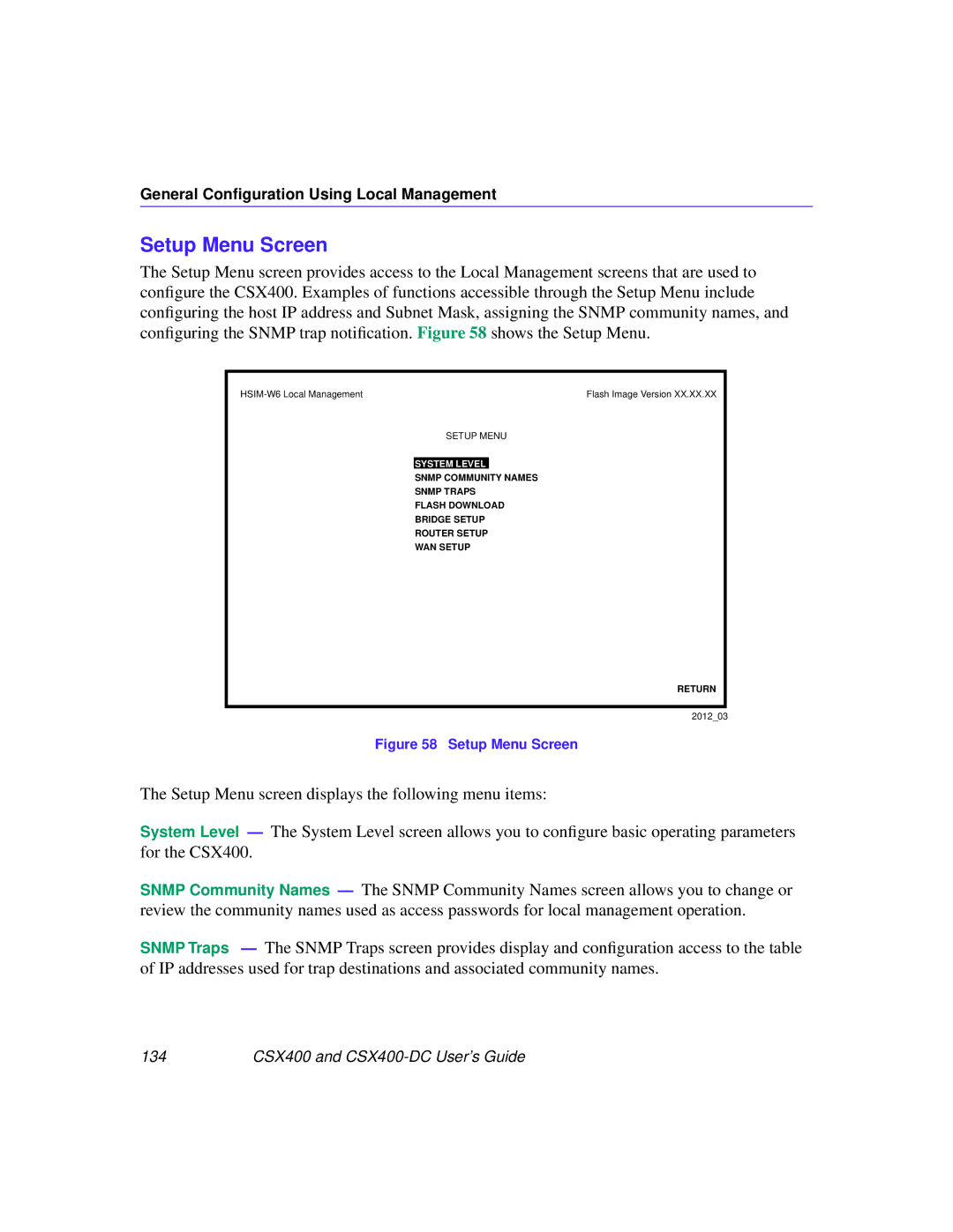 Cabletron Systems CSX400-DC manual Setup Menu Screen 