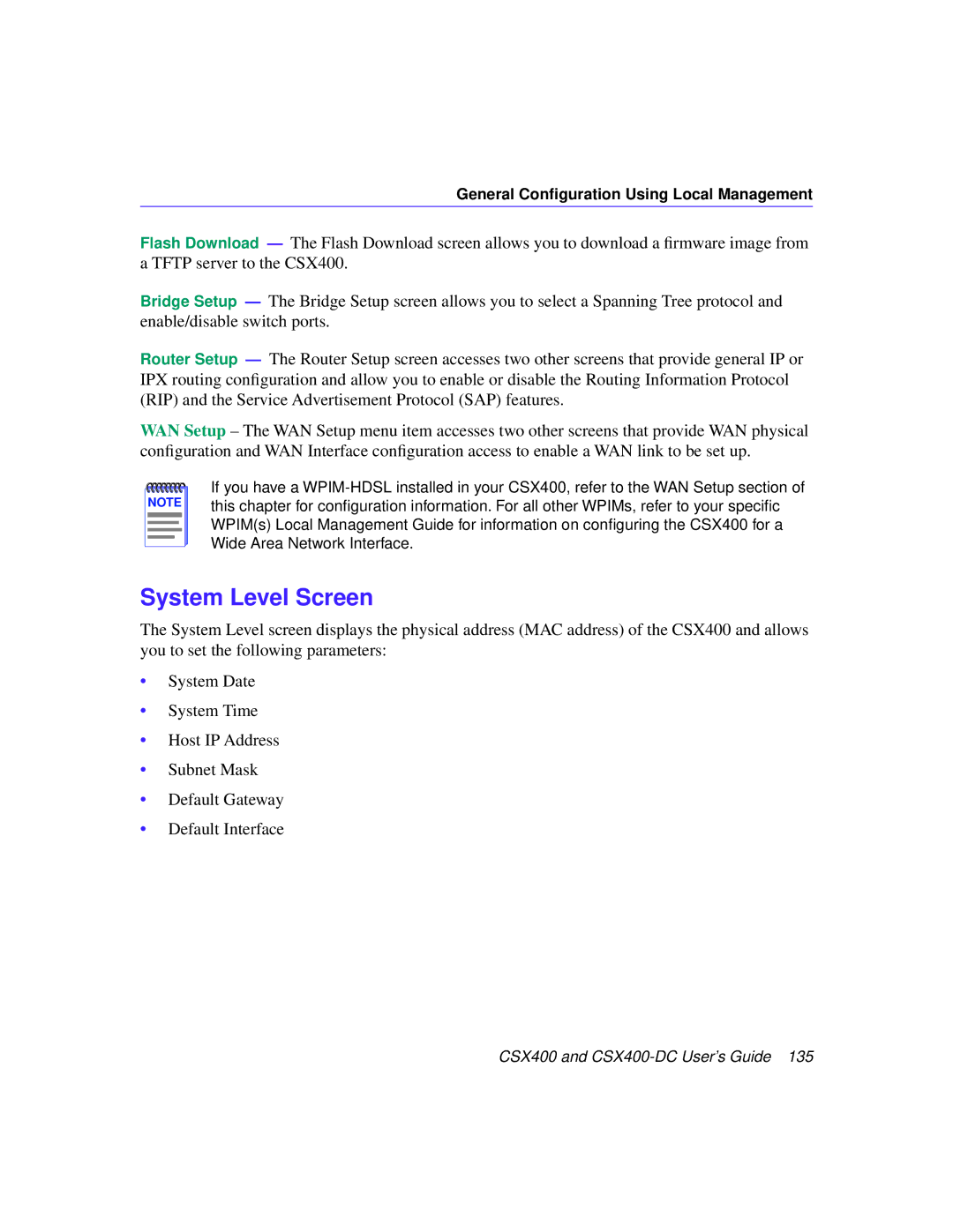 Cabletron Systems CSX400-DC manual System Level Screen 