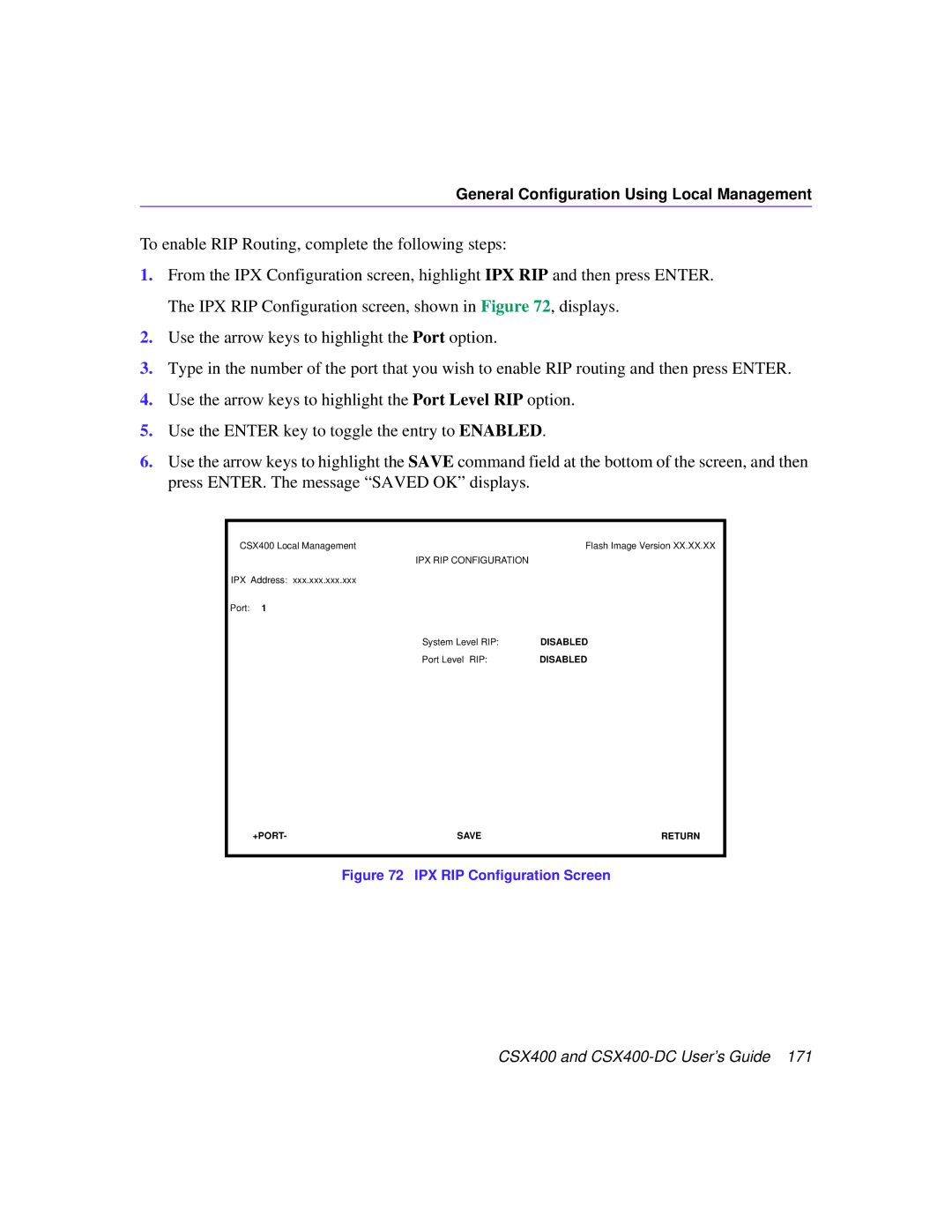 Cabletron Systems CSX400-DC manual IPX RIP Conﬁguration Screen 