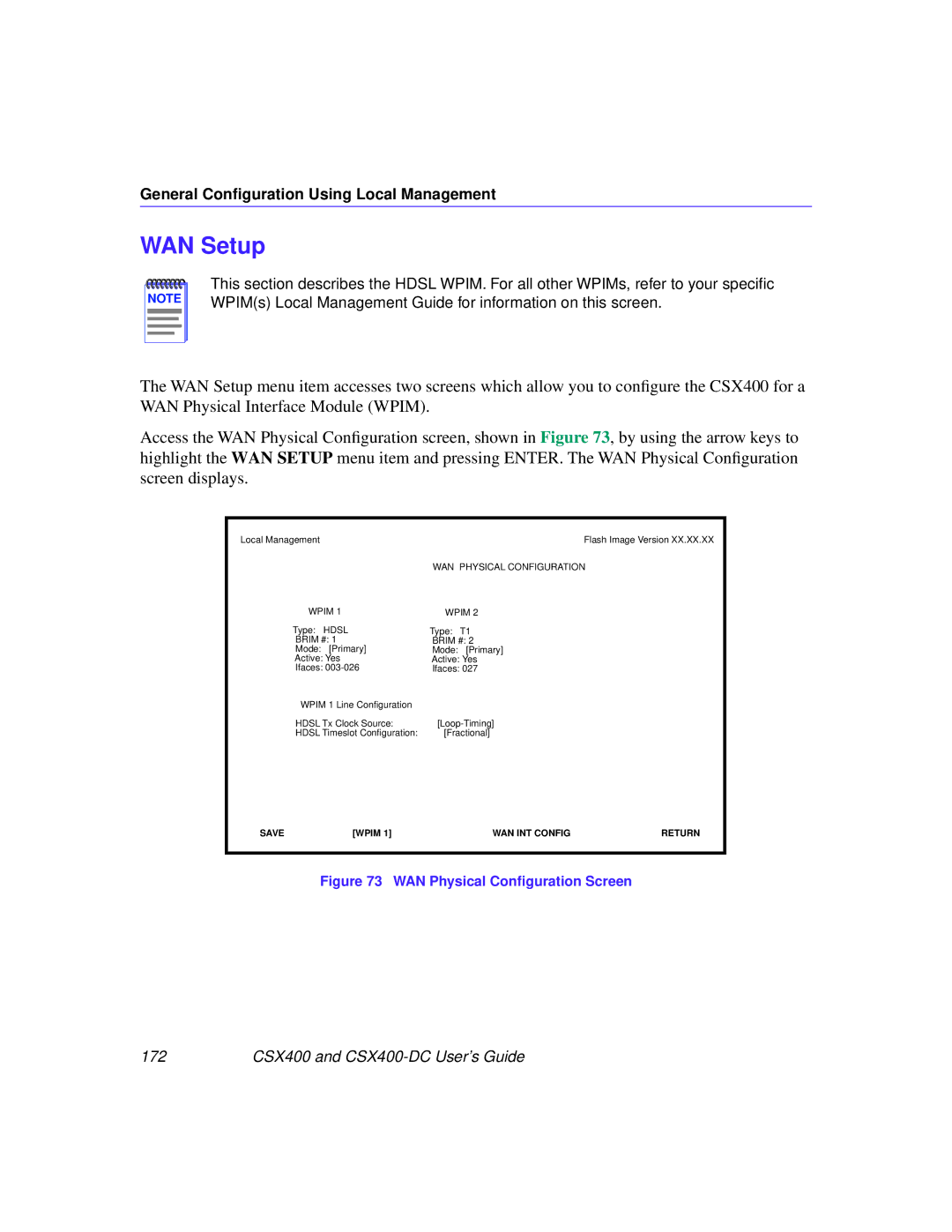 Cabletron Systems CSX400-DC manual WAN Setup, WAN Physical Conﬁguration Screen 