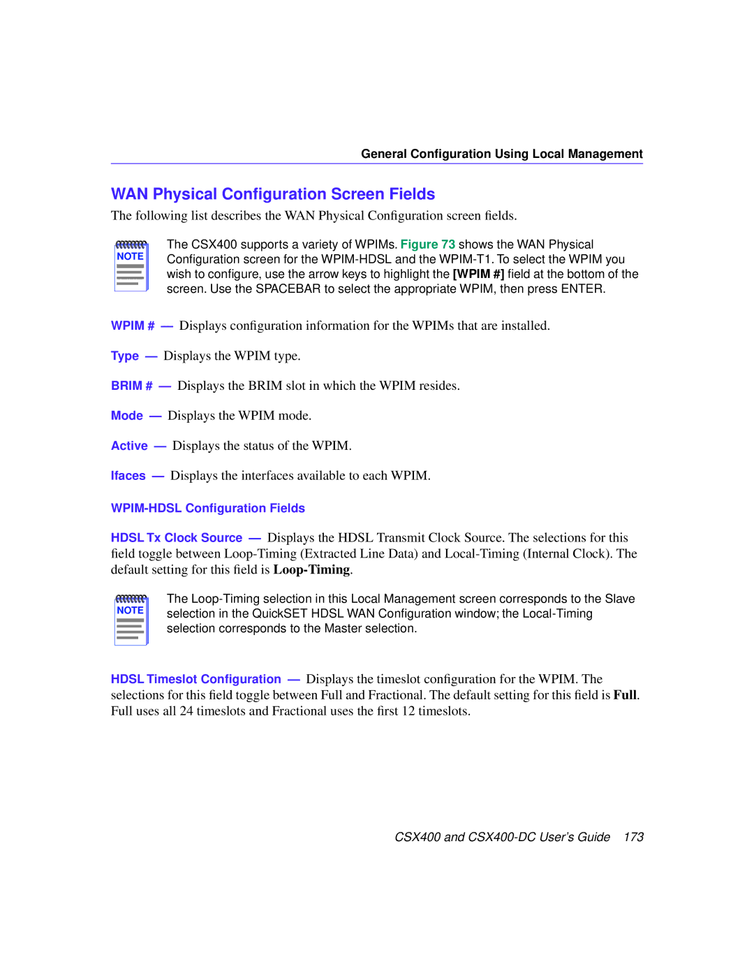 Cabletron Systems CSX400-DC manual WAN Physical Conﬁguration Screen Fields 