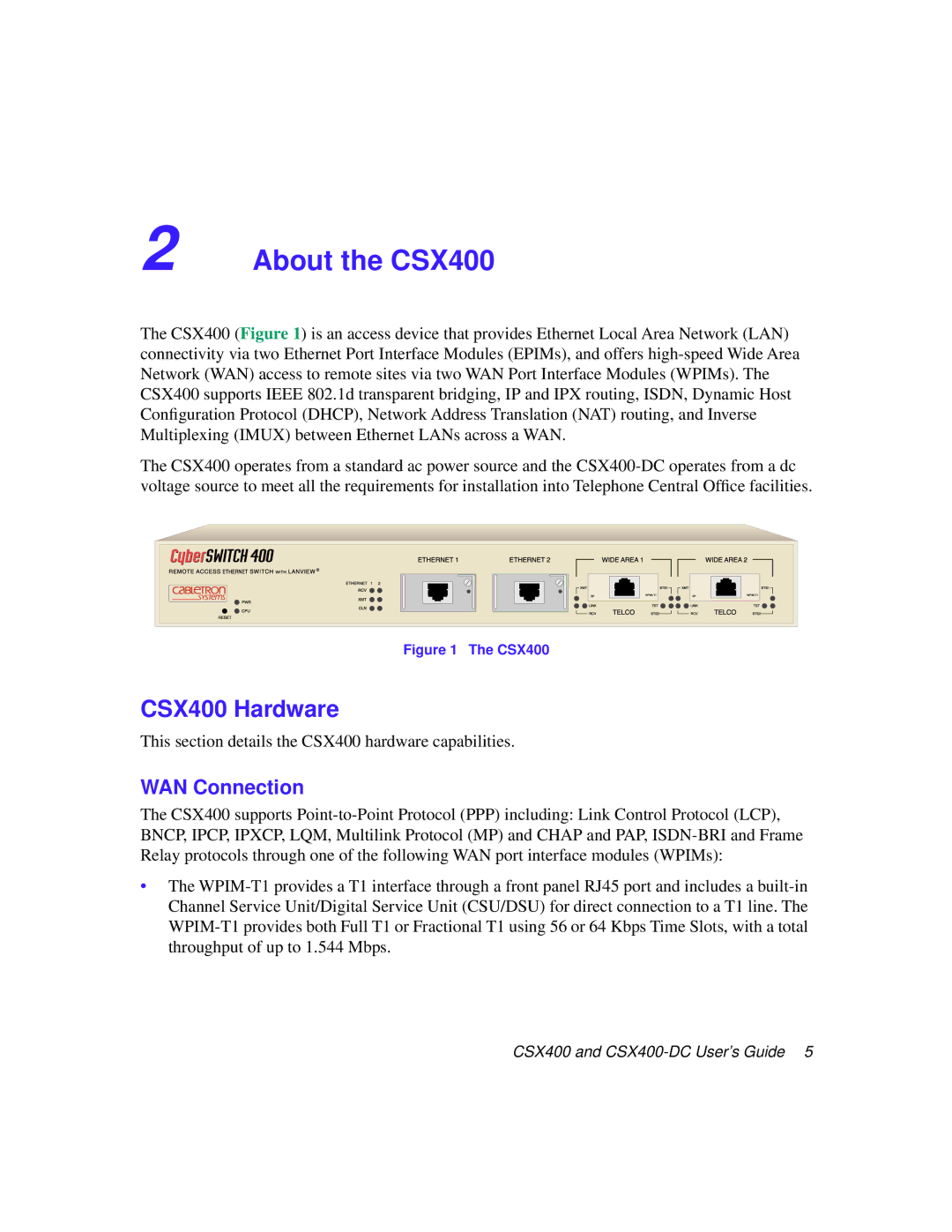 Cabletron Systems CSX400-DC manual CSX400 Hardware, WAN Connection 