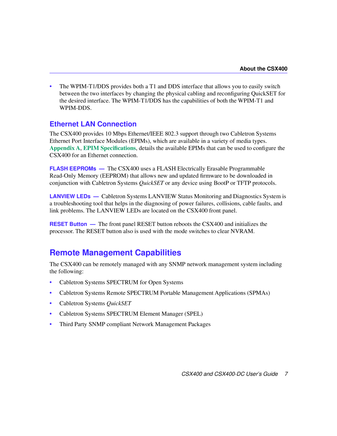 Cabletron Systems CSX400-DC manual Remote Management Capabilities, Ethernet LAN Connection 