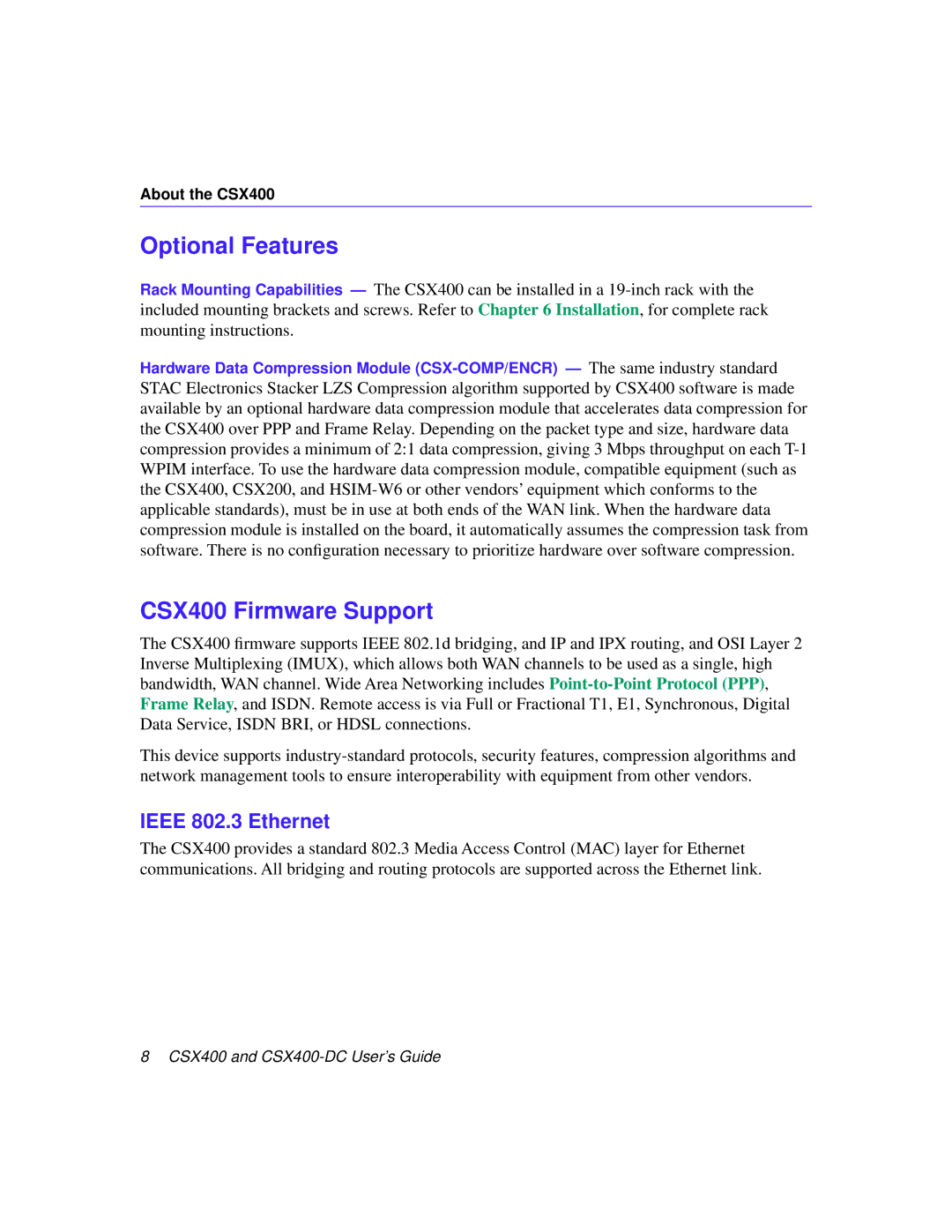 Cabletron Systems CSX400-DC manual Optional Features, CSX400 Firmware Support, Ieee 802.3 Ethernet 