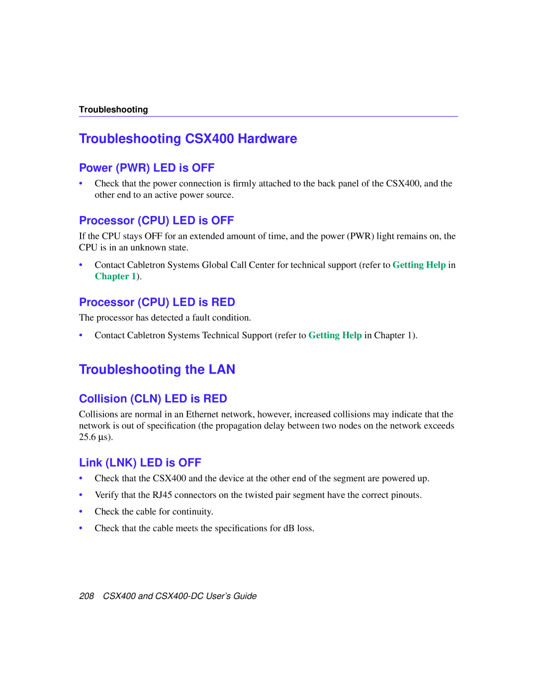 Cabletron Systems CSX400-DC manual Troubleshooting CSX400 Hardware, Troubleshooting the LAN 