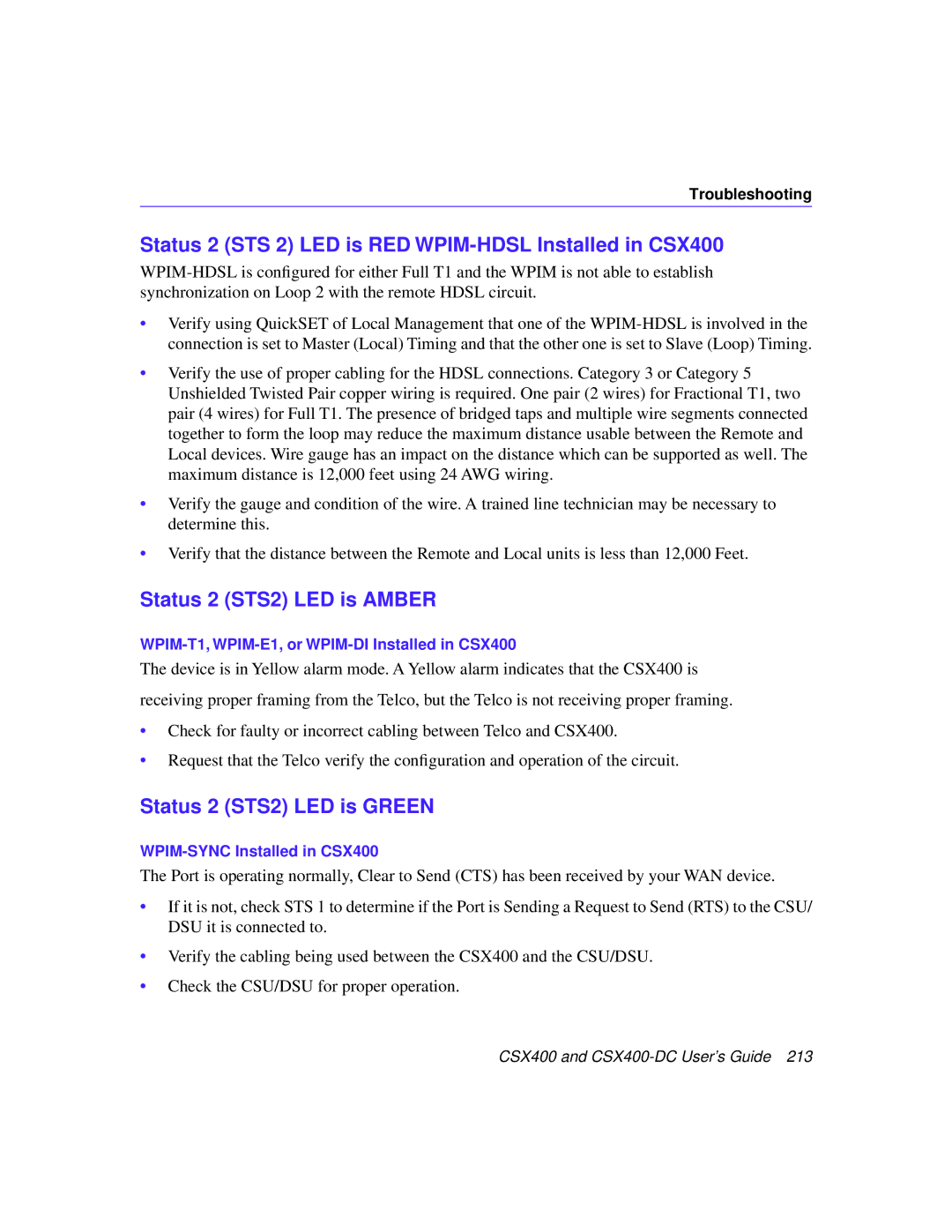 Cabletron Systems CSX400-DC manual Status 2 STS 2 LED is RED WPIM-HDSL Installed in CSX400, Status 2 STS2 LED is Amber 