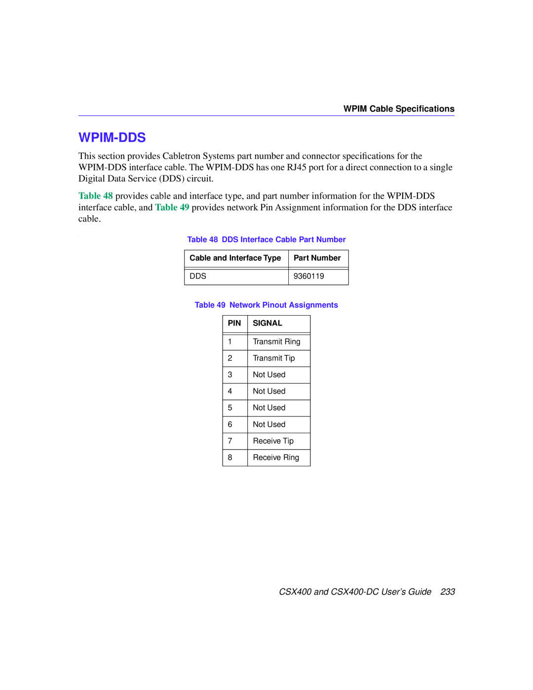 Cabletron Systems CSX400-DC manual DDS Interface Cable Part Number, Cable and Interface Type Part Number 