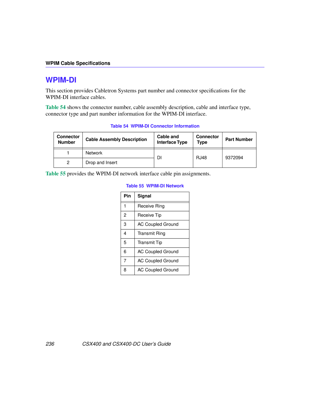 Cabletron Systems CSX400-DC manual WPIM-DI Connector Information, WPIM-DI Network 