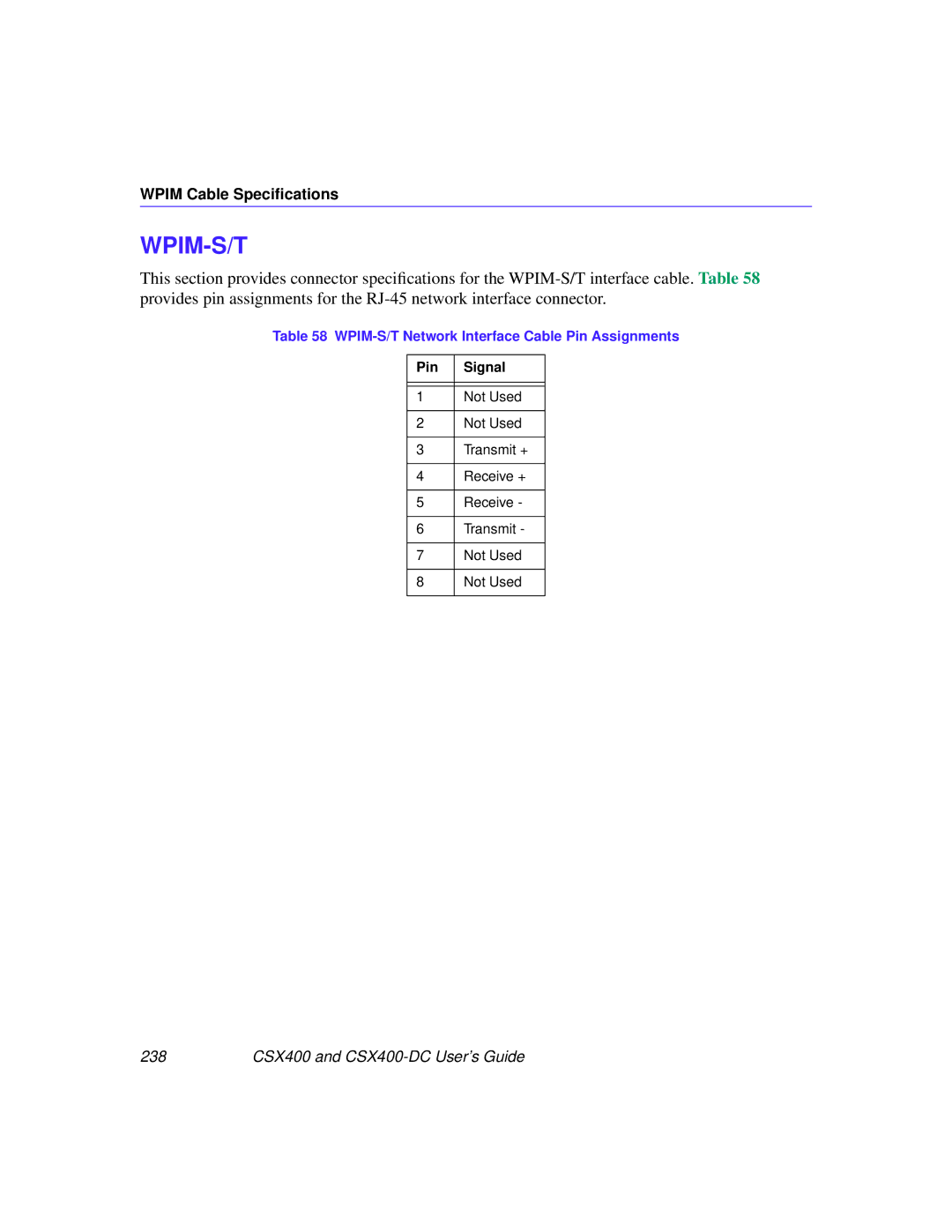 Cabletron Systems CSX400-DC manual Wpim-S/T, WPIM-S/T Network Interface Cable Pin Assignments 