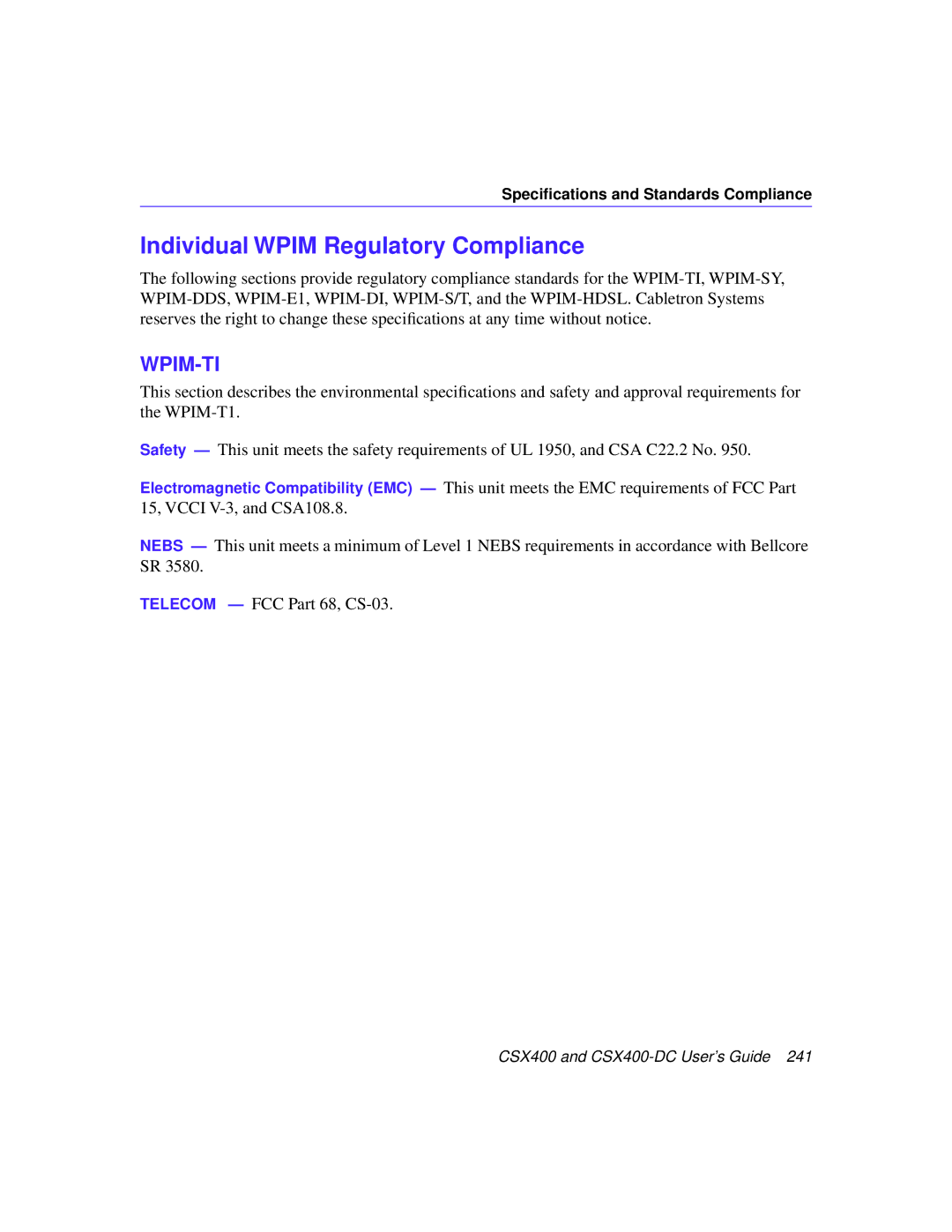 Cabletron Systems CSX400-DC manual Individual Wpim Regulatory Compliance, Wpim-Ti 