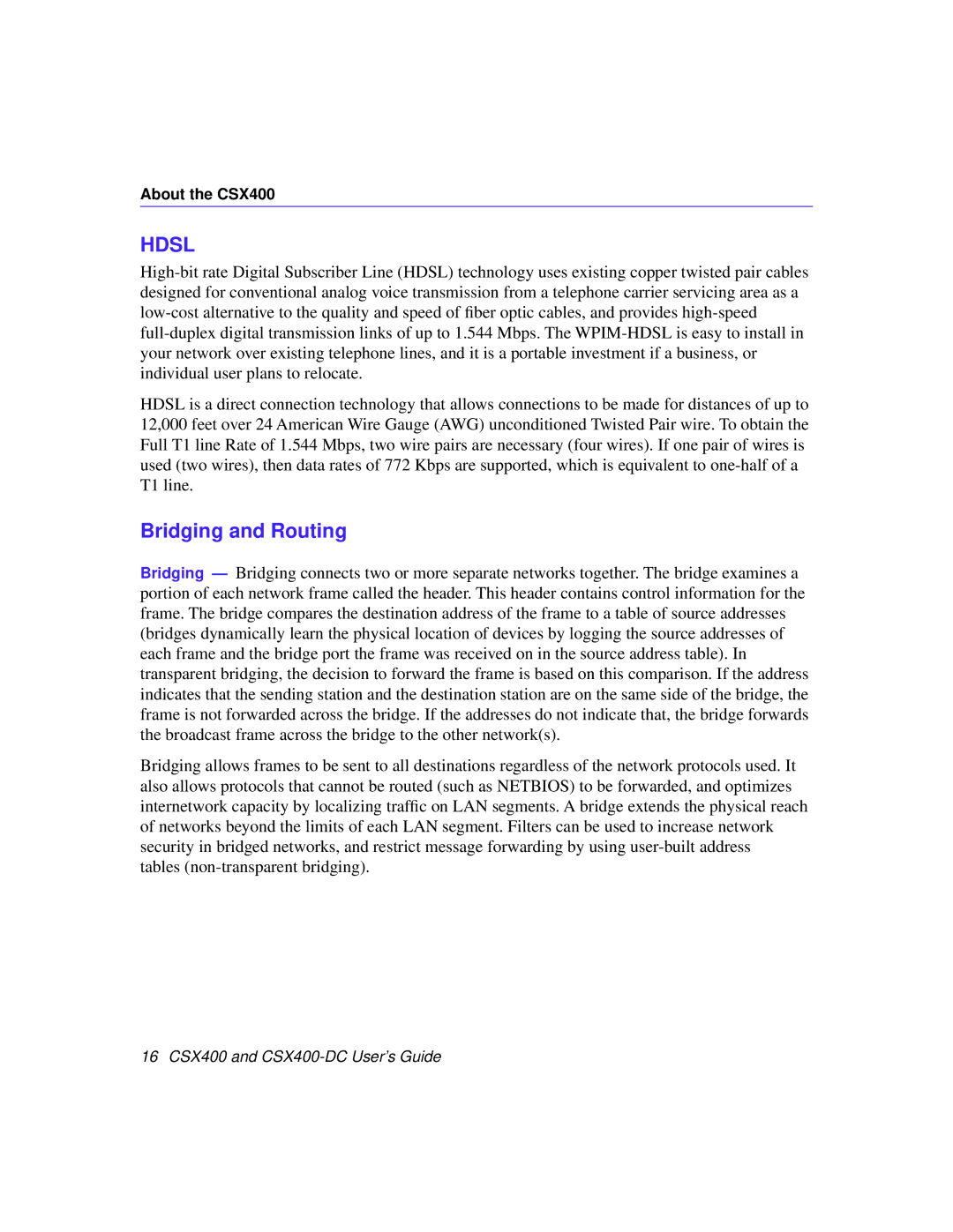 Cabletron Systems CSX400-DC manual Hdsl, Bridging and Routing 