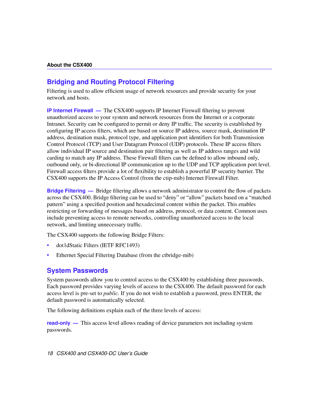 Cabletron Systems CSX400-DC manual Bridging and Routing Protocol Filtering, System Passwords 