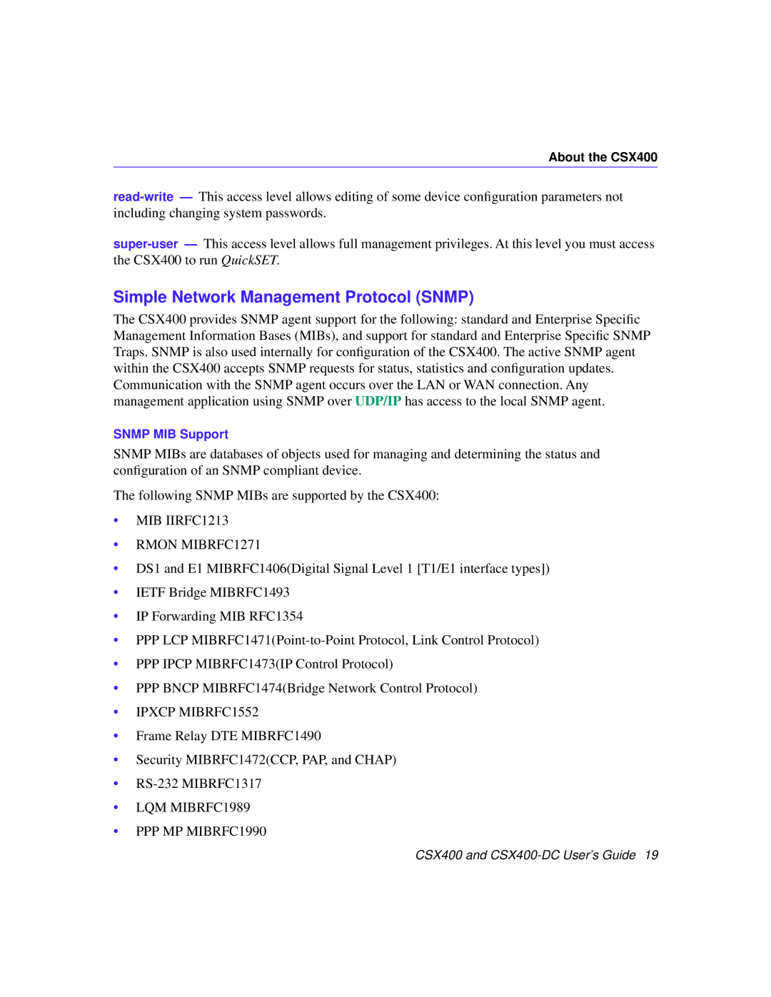 Cabletron Systems CSX400-DC manual Simple Network Management Protocol Snmp, MIB IIRFC1213 Rmon MIBRFC1271 