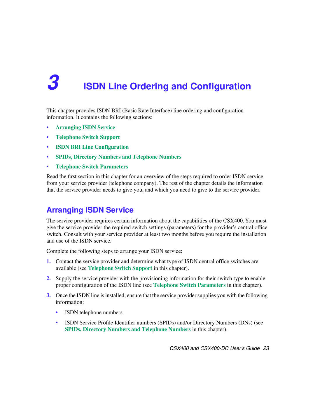 Cabletron Systems CSX400-DC manual Isdn Line Ordering and Conﬁguration, Arranging Isdn Service 