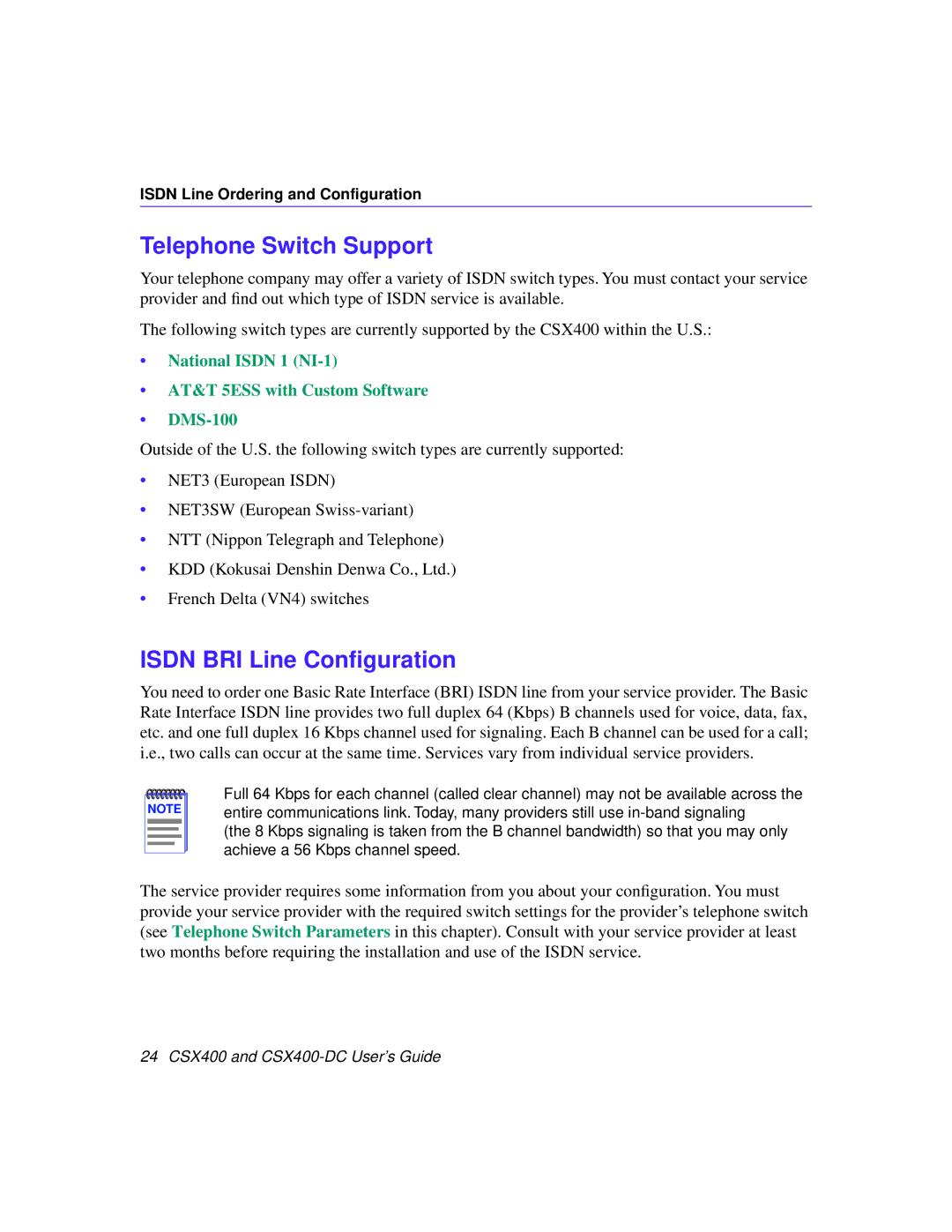 Cabletron Systems CSX400-DC manual Telephone Switch Support, Isdn BRI Line Conﬁguration 