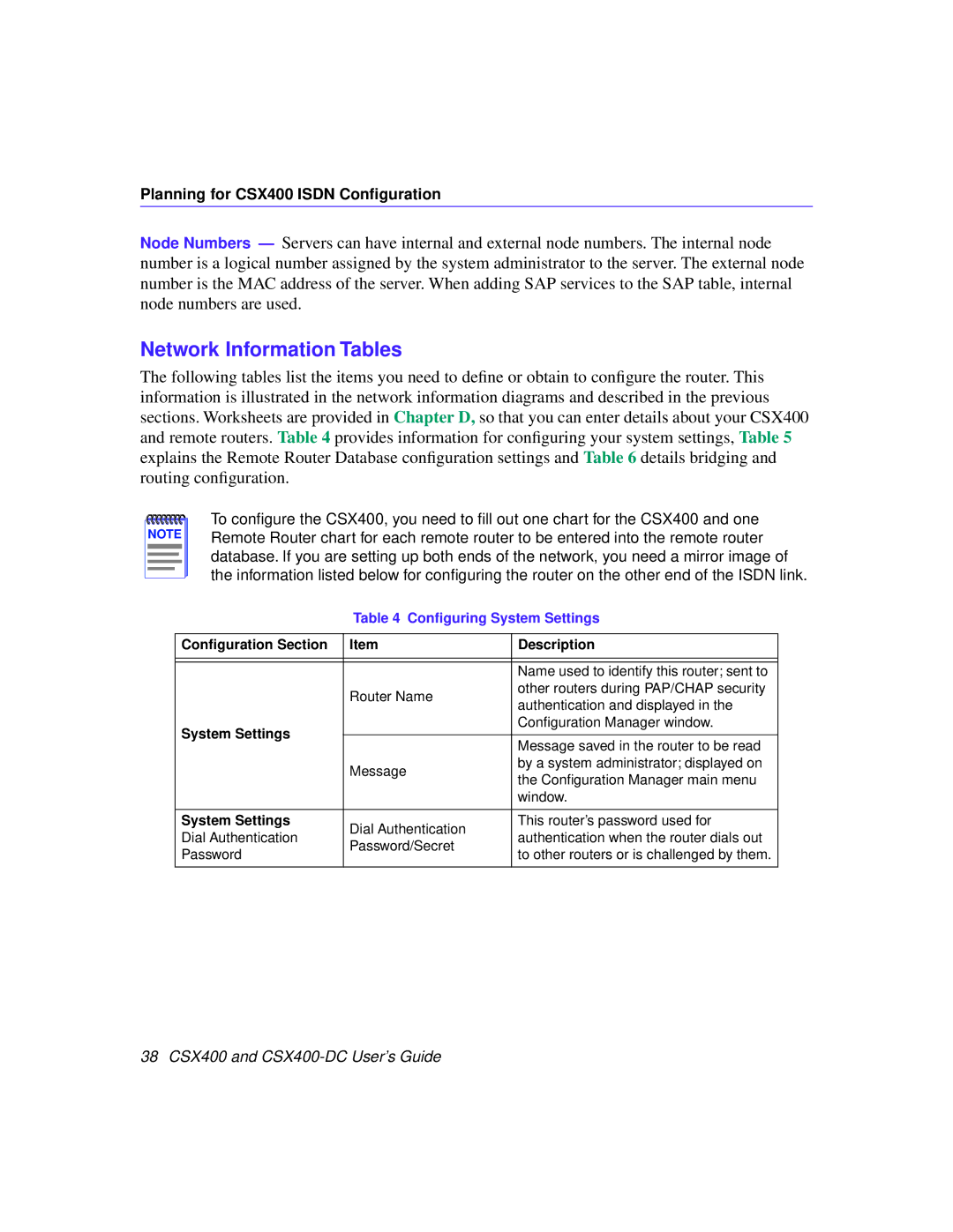 Cabletron Systems CSX400 manual Network Information Tables, Conﬁguring System Settings, Conﬁguration Section Description 