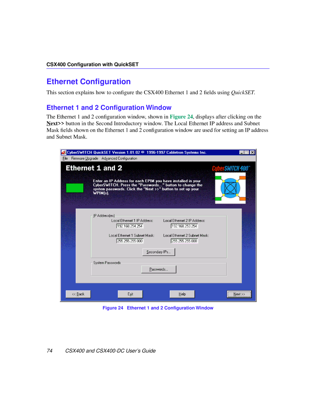 Cabletron Systems CSX400-DC manual Ethernet Conﬁguration, Ethernet 1 and 2 Conﬁguration Window 