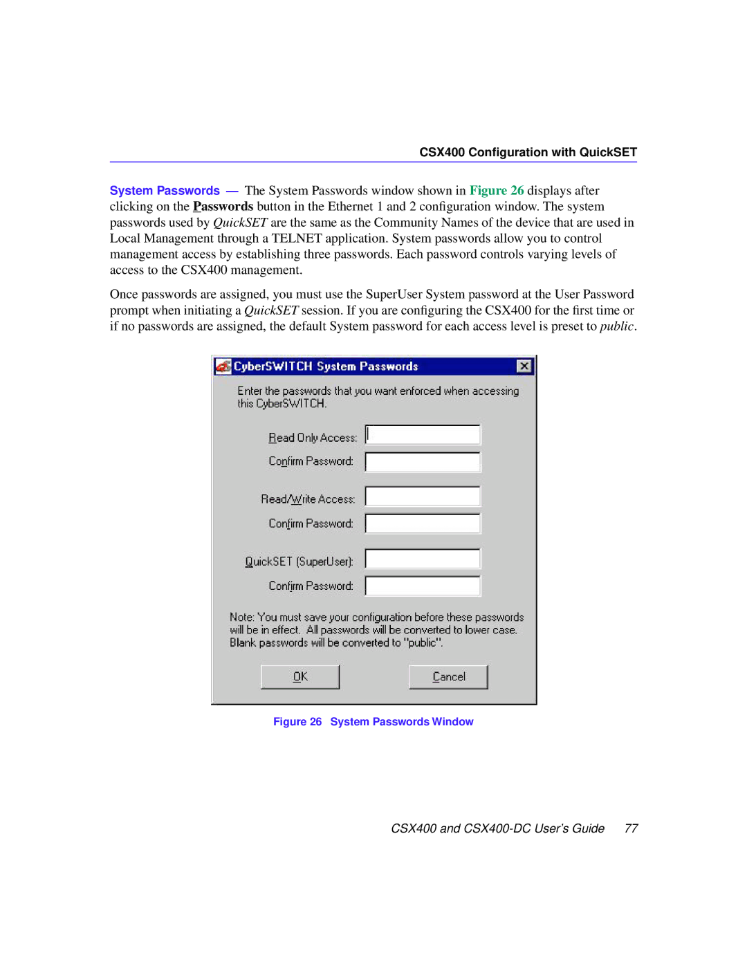 Cabletron Systems CSX400-DC manual System Passwords Window 