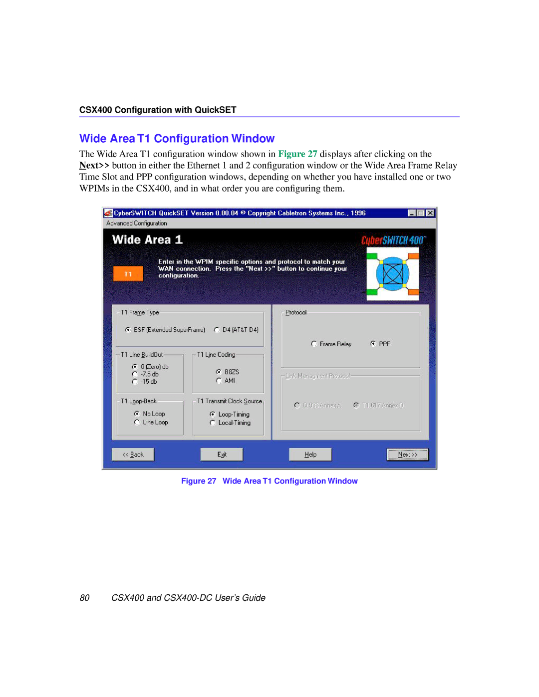 Cabletron Systems CSX400-DC manual Wide Area T1 Conﬁguration Window 