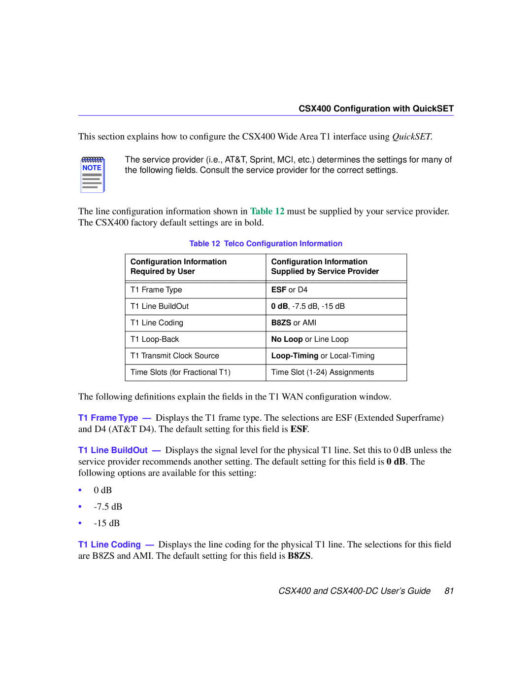 Cabletron Systems CSX400-DC manual Telco Conﬁguration Information 