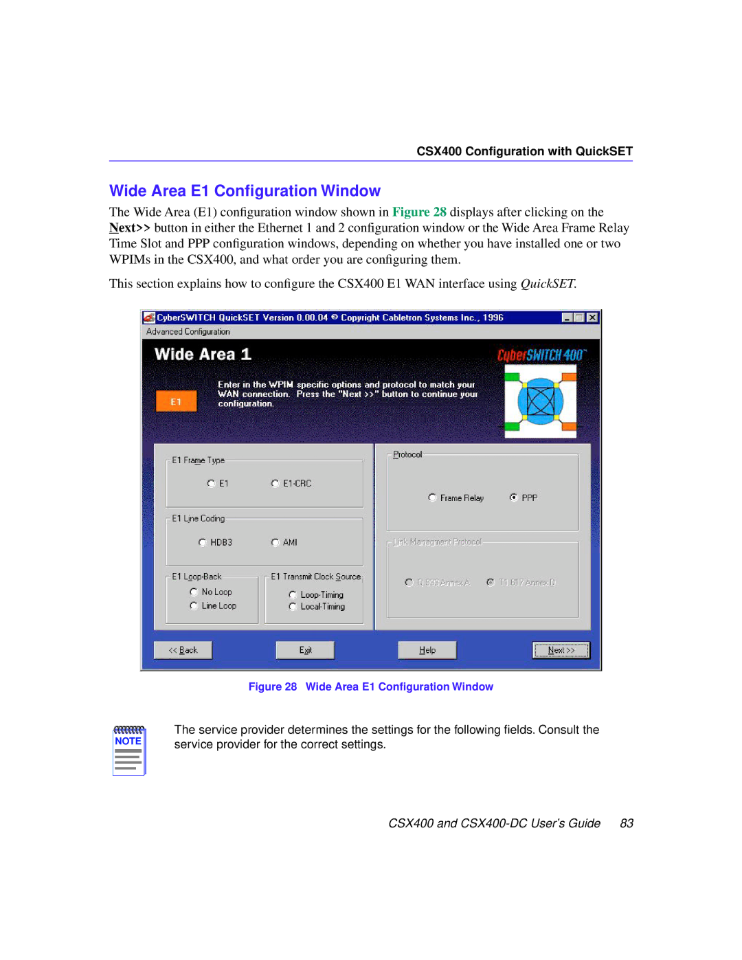 Cabletron Systems CSX400-DC manual Wide Area E1 Conﬁguration Window 