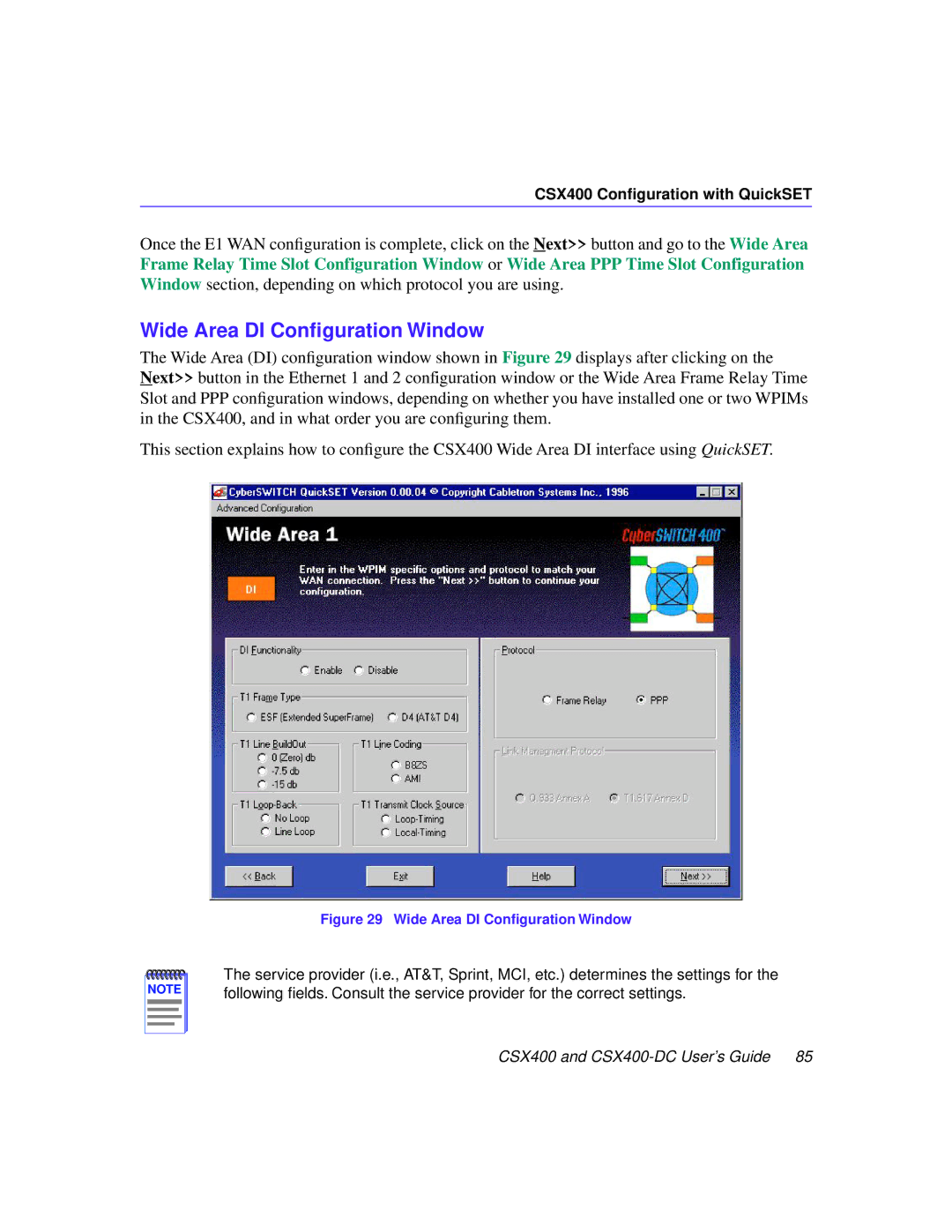 Cabletron Systems CSX400-DC manual Wide Area DI Conﬁguration Window 