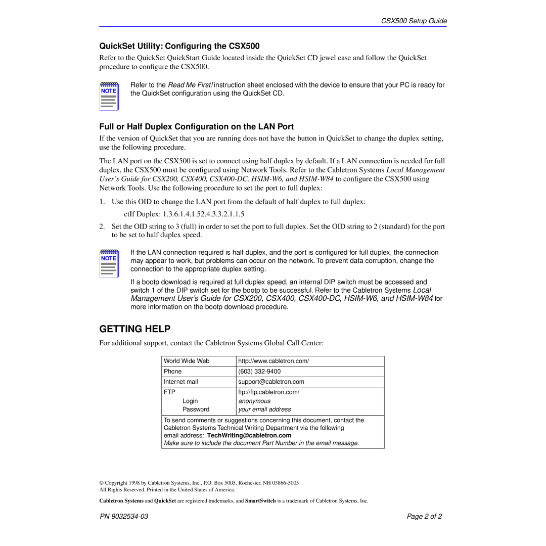 Cabletron Systems setup guide Getting Help, QuickSet Utility Conﬁguring the CSX500 