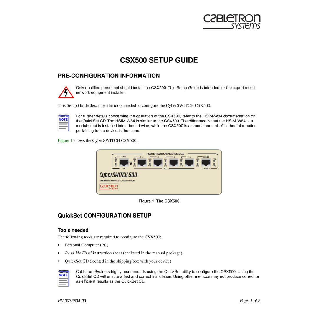 Cabletron Systems setup guide CSX500 Setup Guide, PRE-CONFIGURATION Information, QuickSet Configuration Setup 