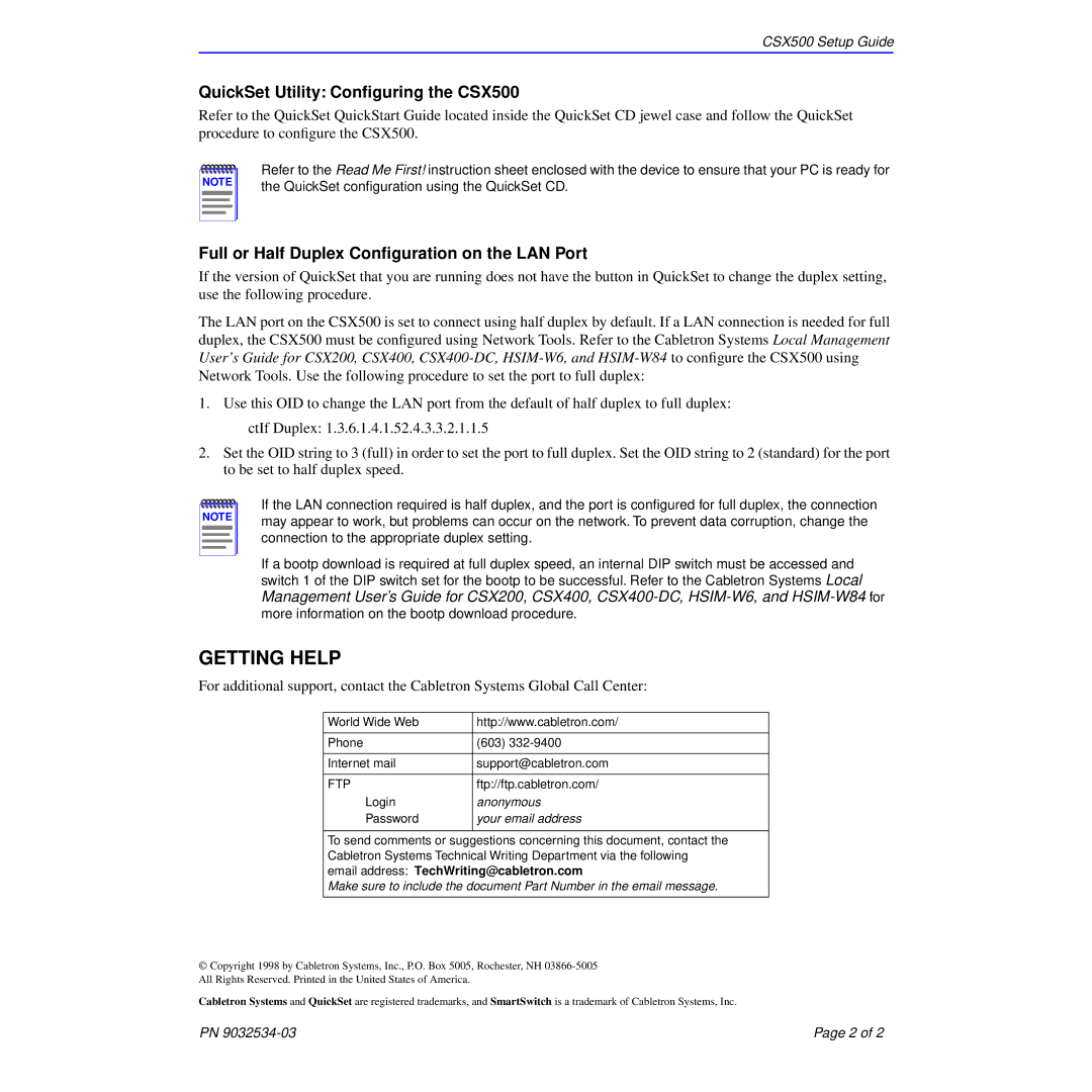 Cabletron Systems setup guide Getting Help, QuickSet Utility Conﬁguring the CSX500, Anonymous, Your email address 