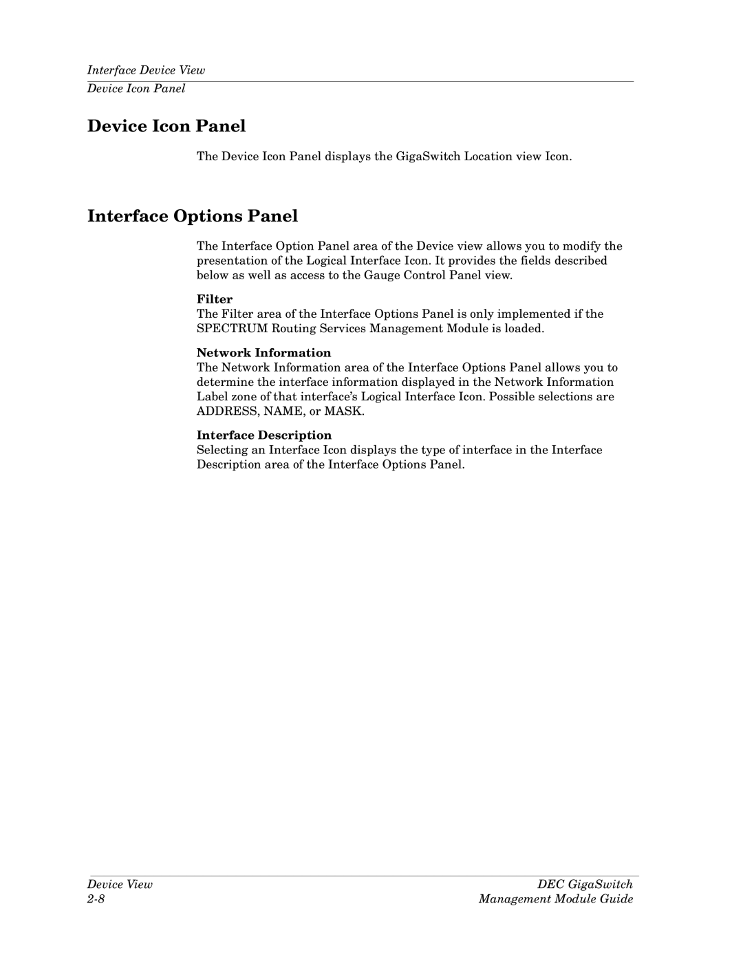 Cabletron Systems Dec GigaSwitch manual Device Icon Panel, Interface Options Panel, Filter, Network Information 