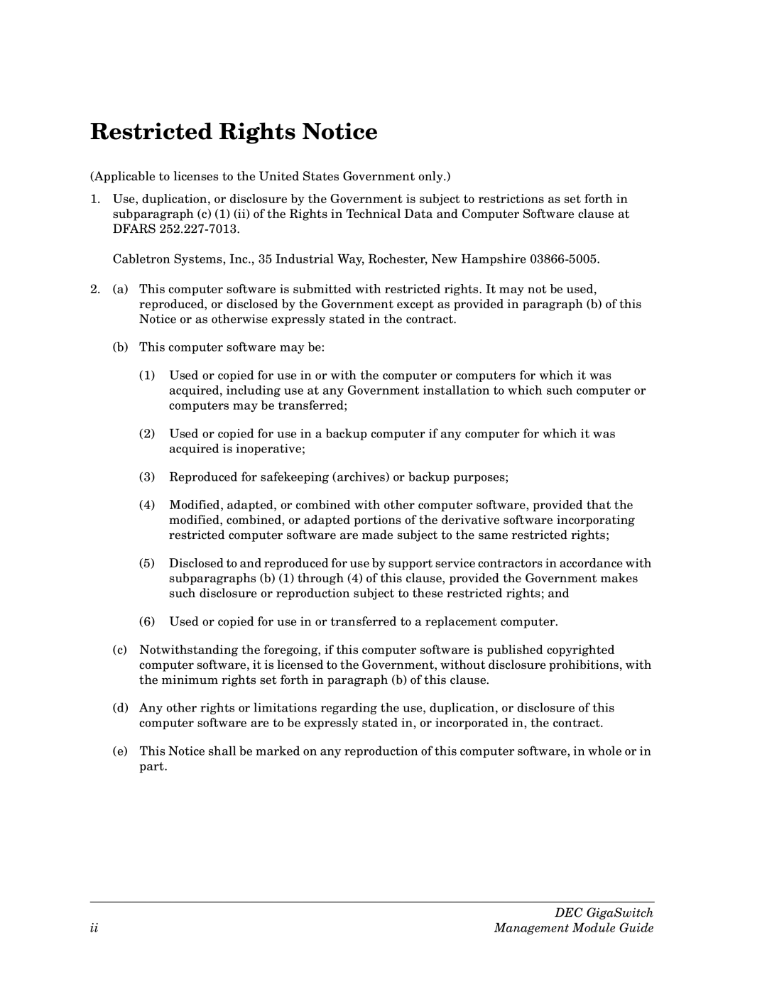 Cabletron Systems Dec GigaSwitch manual Restricted Rights Notice 