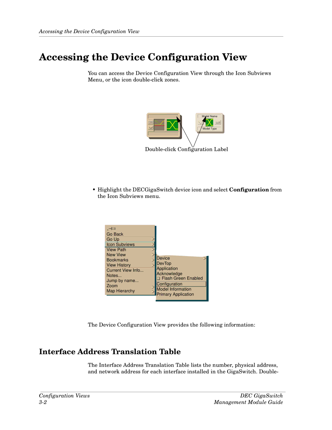 Cabletron Systems Dec GigaSwitch manual Accessing the Device Configuration View, Interface Address Translation Table 