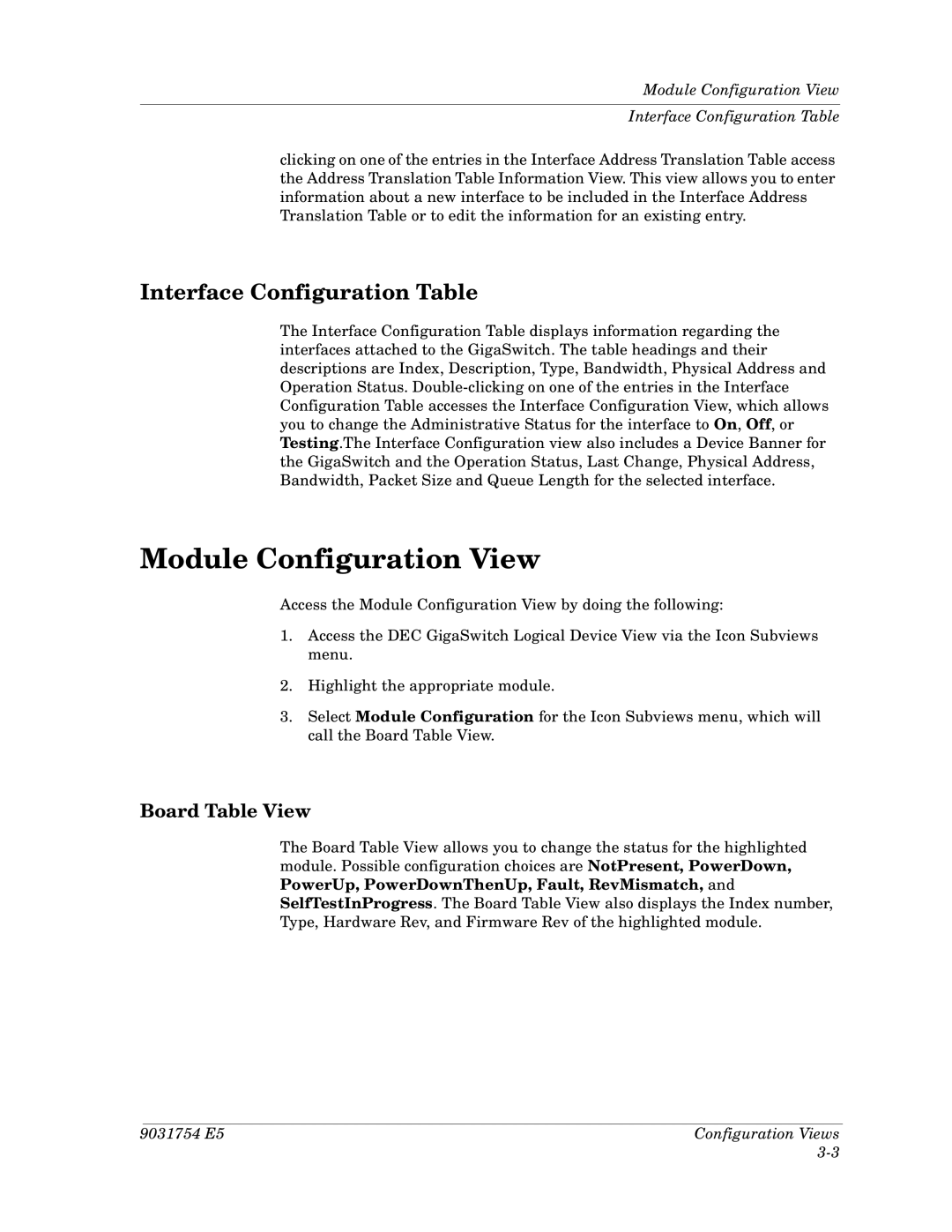 Cabletron Systems Dec GigaSwitch manual Module Configuration View, Interface Configuration Table, Board Table View 