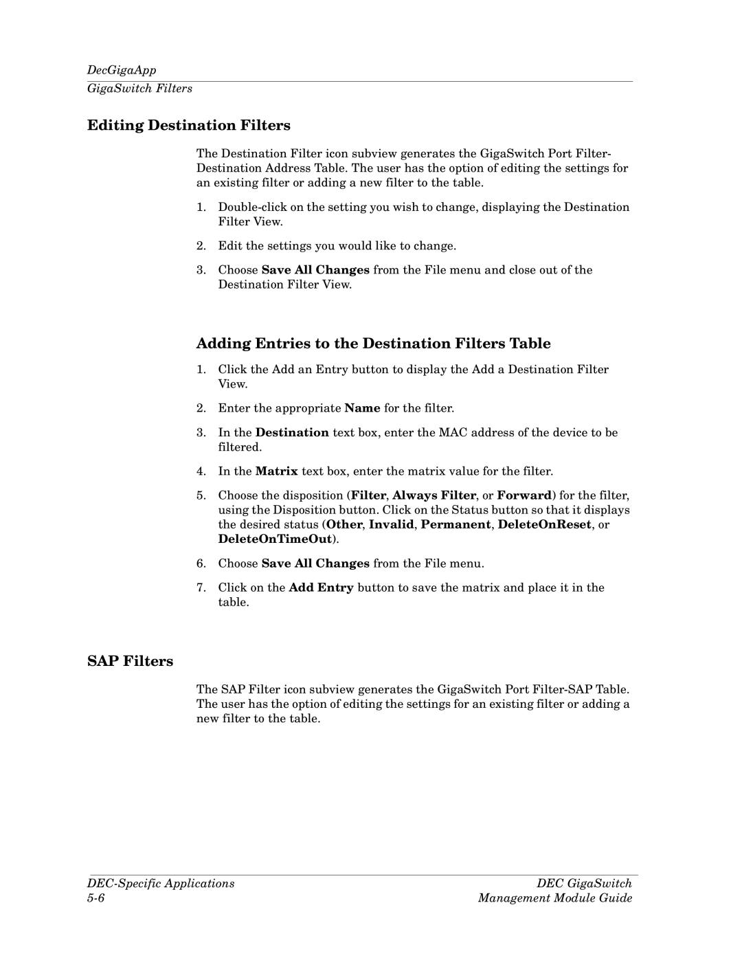 Cabletron Systems Dec GigaSwitch Editing Destination Filters, Adding Entries to the Destination Filters Table, SAP Filters 