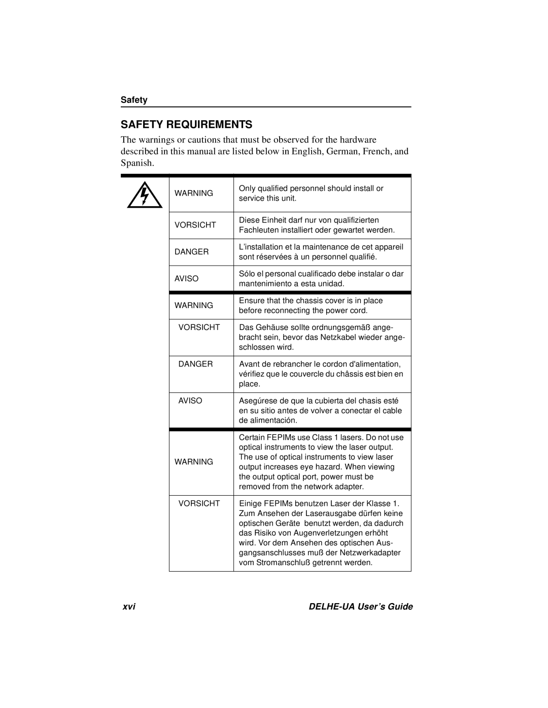 Cabletron Systems DELHE-UA manual Safety Requirements 