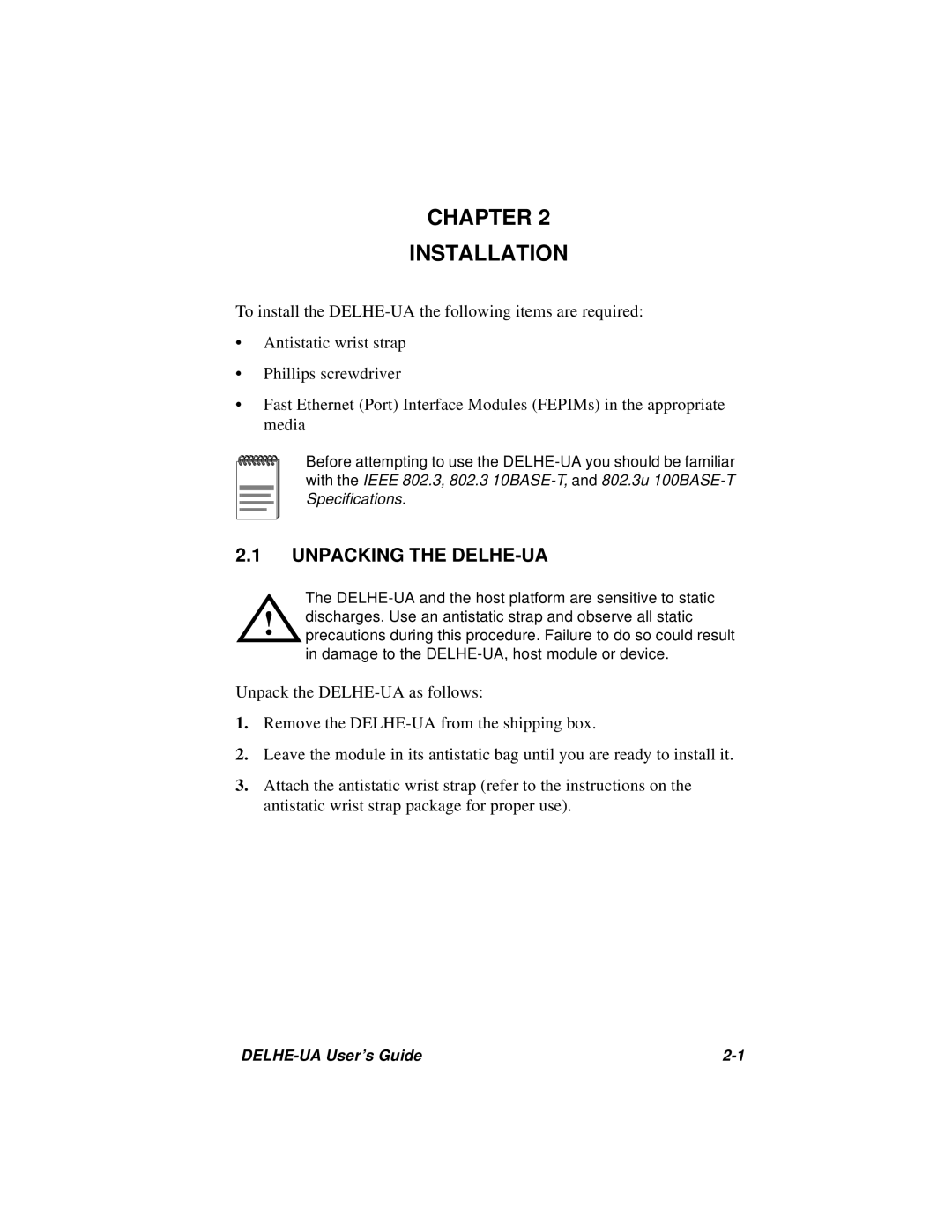 Cabletron Systems manual Chapter Installation, Unpacking the DELHE-UA 